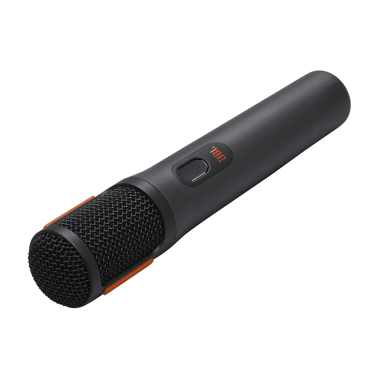A black JBL microphone with orange accents, angled on a black background.