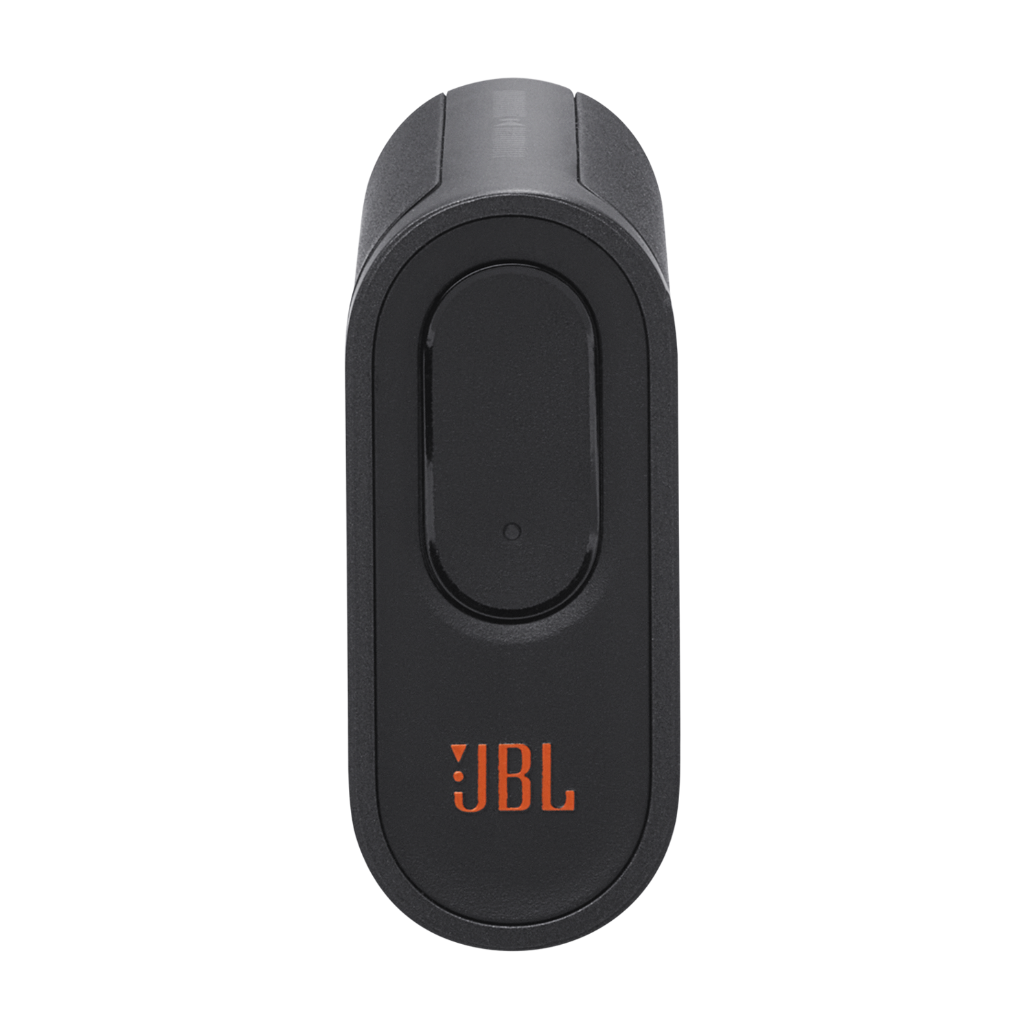 Black JBL speaker with orange JBL logo on the front. Rounded rectangle shape.