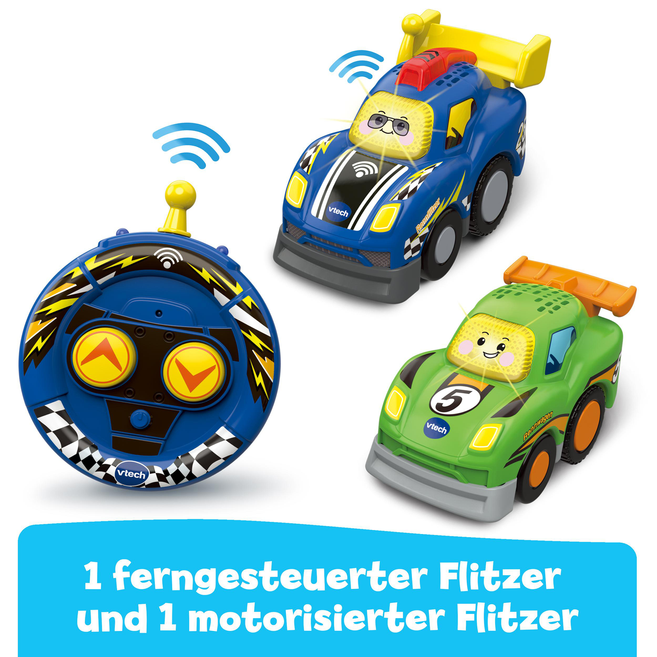 Spielzeugautos und eine Fernbedienung. Blaue und grüne Rennwagen mit blauem Lenkrad-Controller.