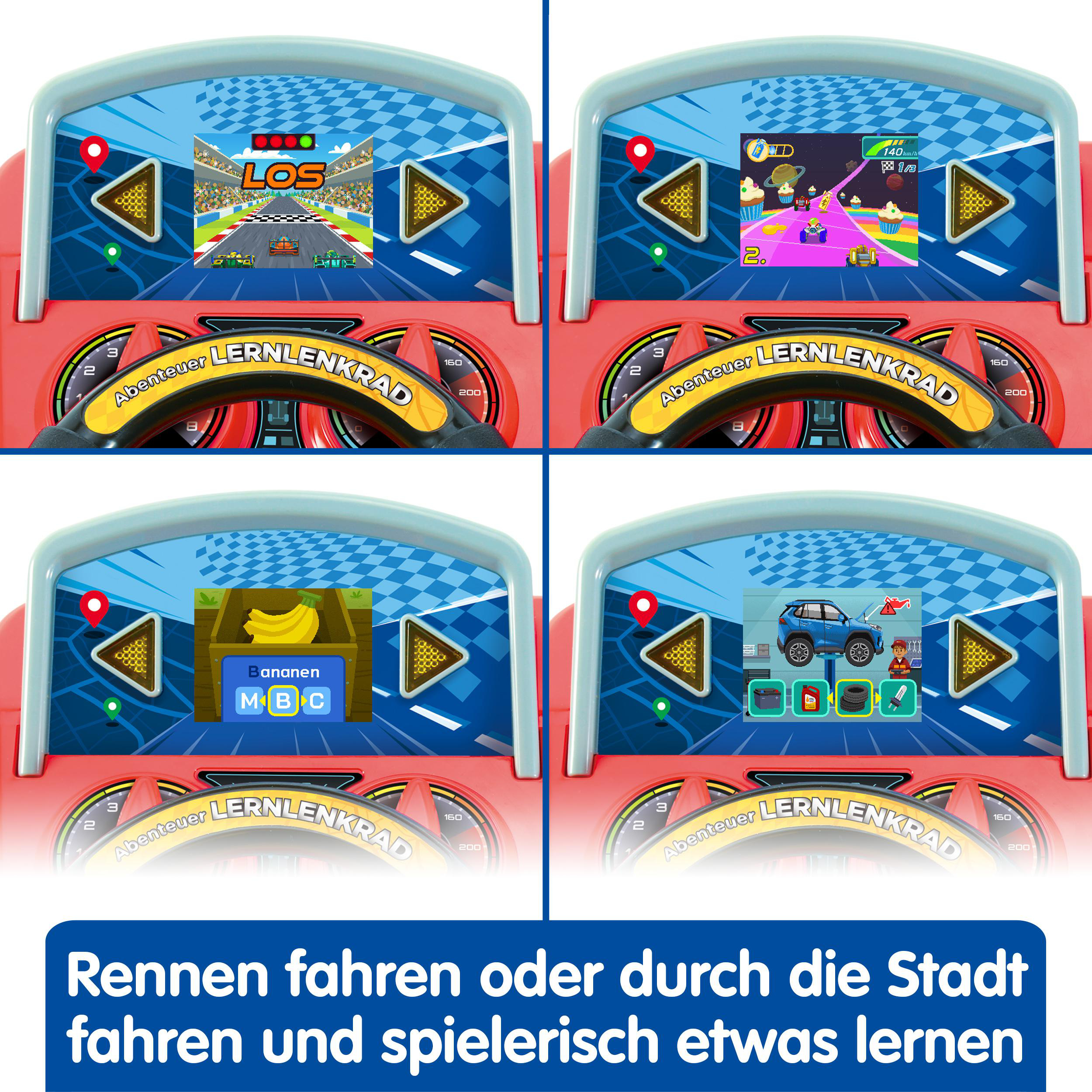 Ein Kinderspielzeug mit vier Bildschirmen, die verschiedene Fahrszenarien zeigen, und einem Lenkrad.
