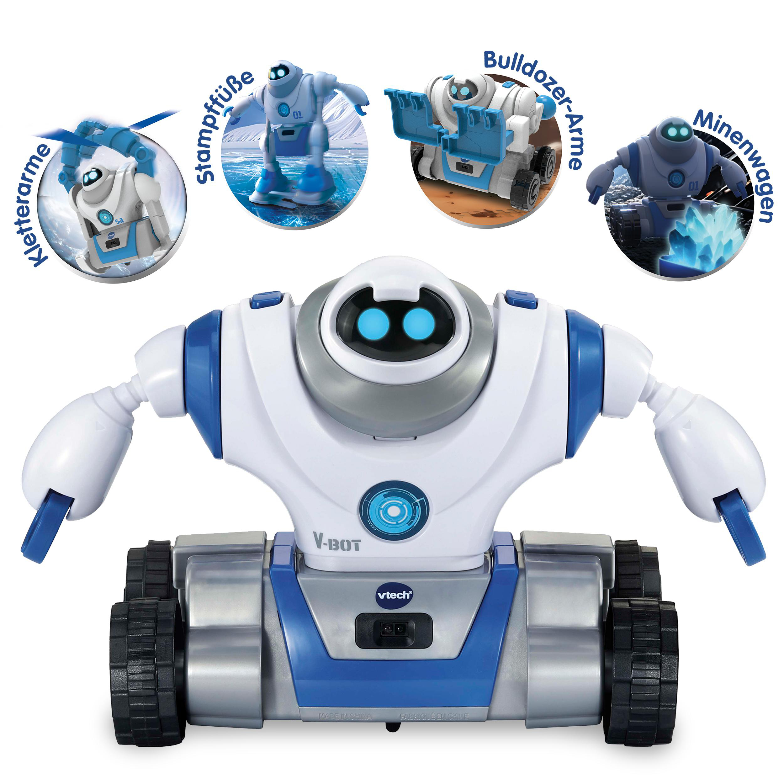 Ein weiß-blauer V-Bot Spielzeugroboter mit verschiedenen austauschbaren Roboteraufsätzen, auf weißem Hintergrund.