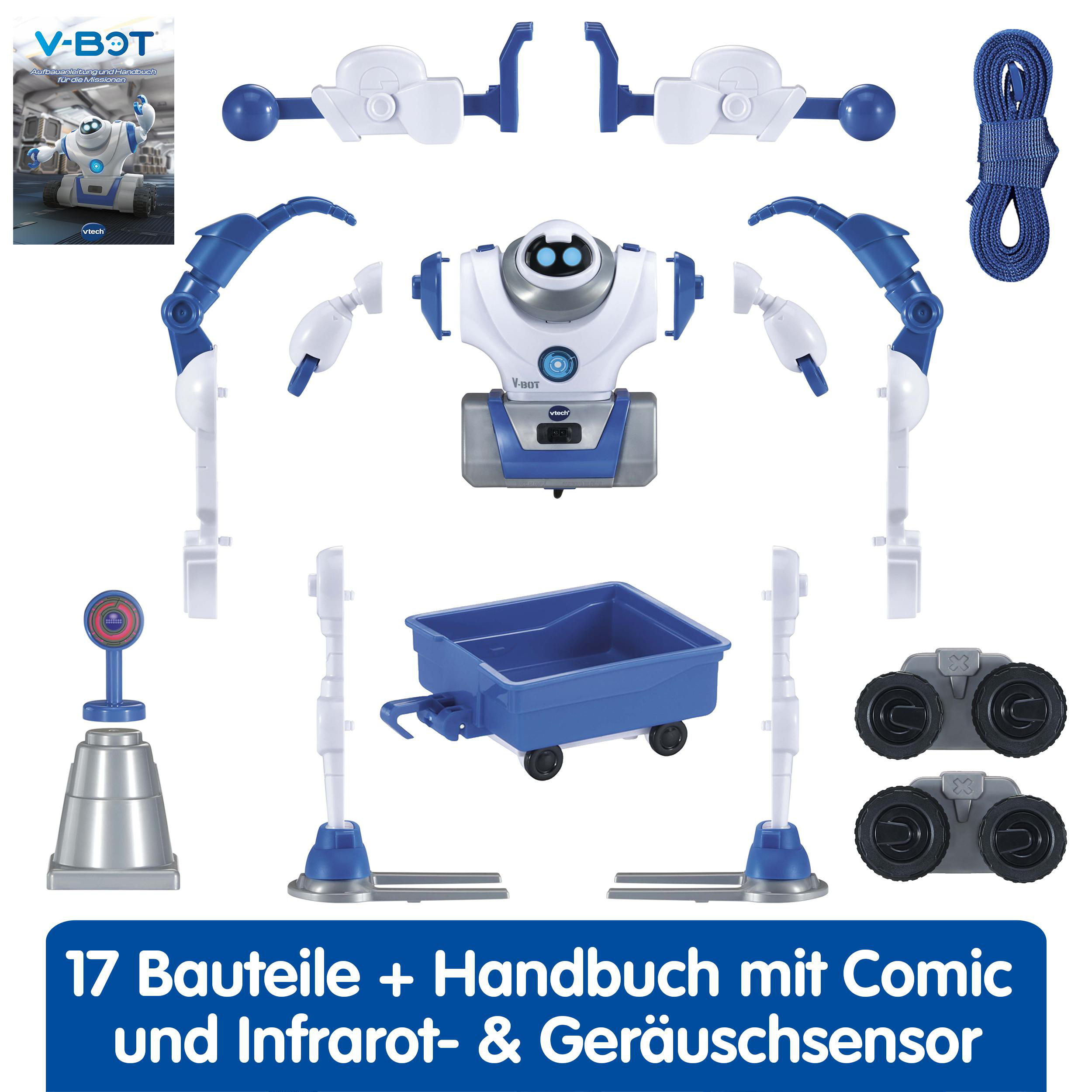 Roboter-Spielzeug mit blauen und weißen Teilen, eine Box und Zubehörteile liegen auf weißem Untergrund.