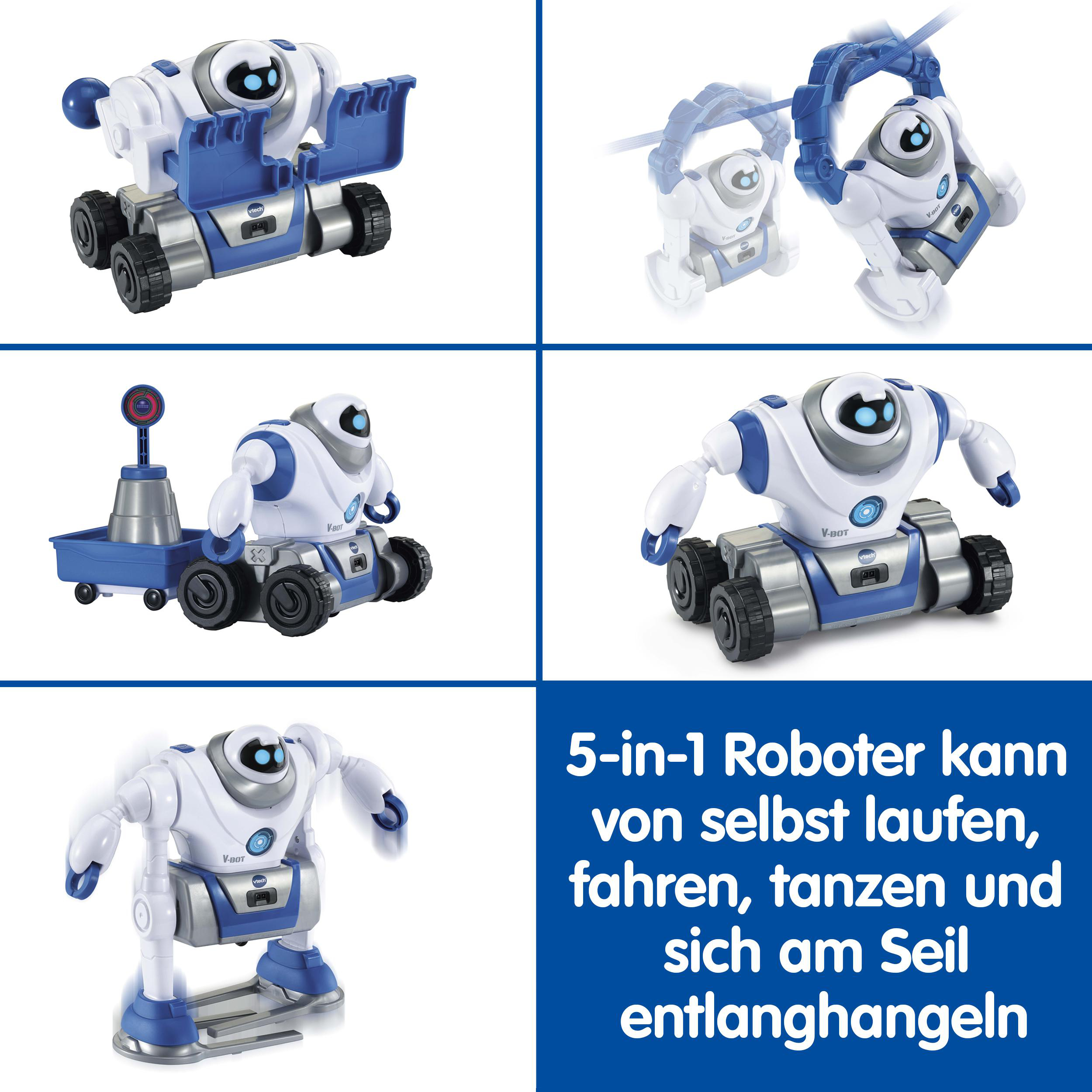Ein weiß-blauer Spielzeugroboter in verschiedenen Posen, der seine Funktionen hervorhebt.
