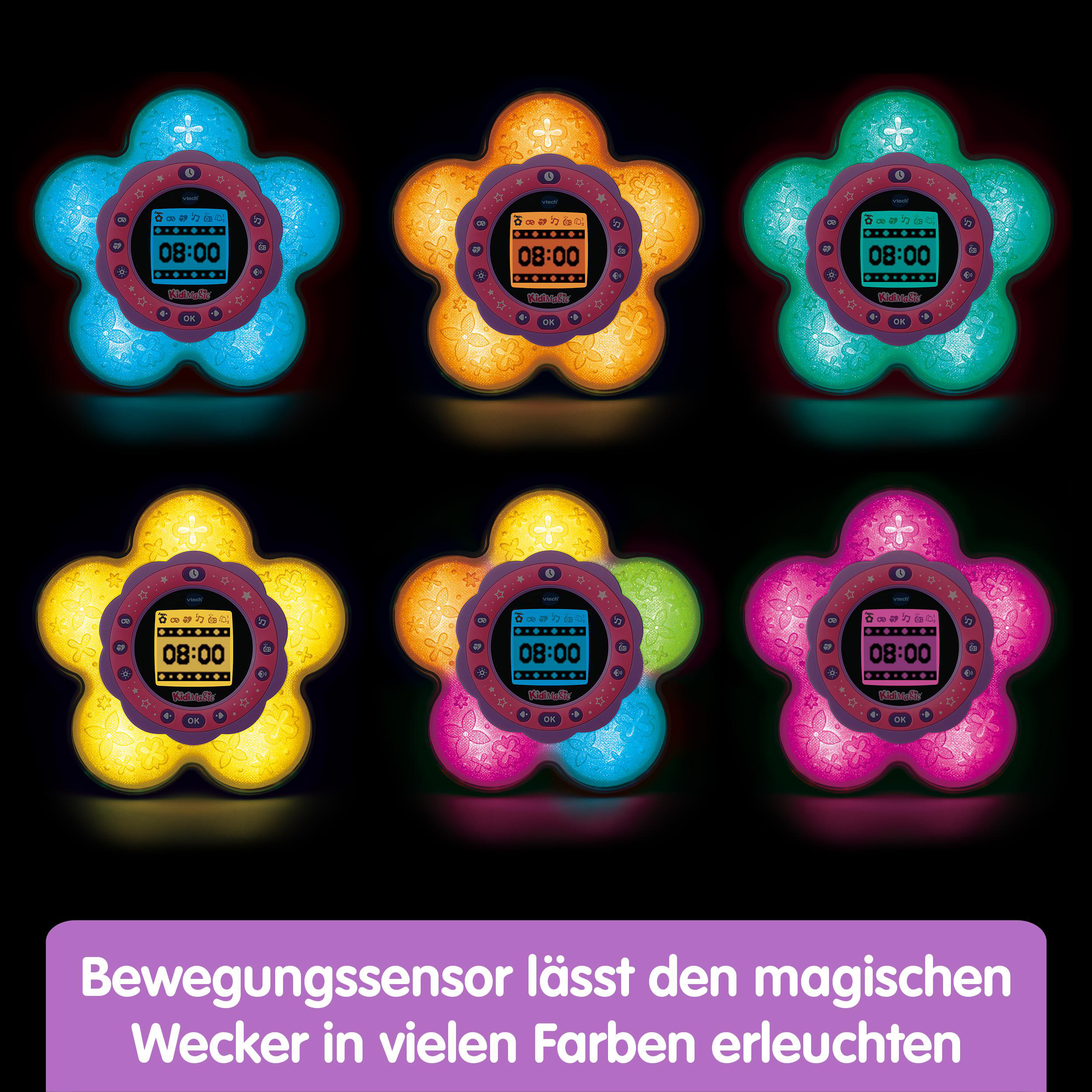 Sechs blütenförmige Wecker in verschiedenen Farben, die die Zeit 08:00 anzeigen.