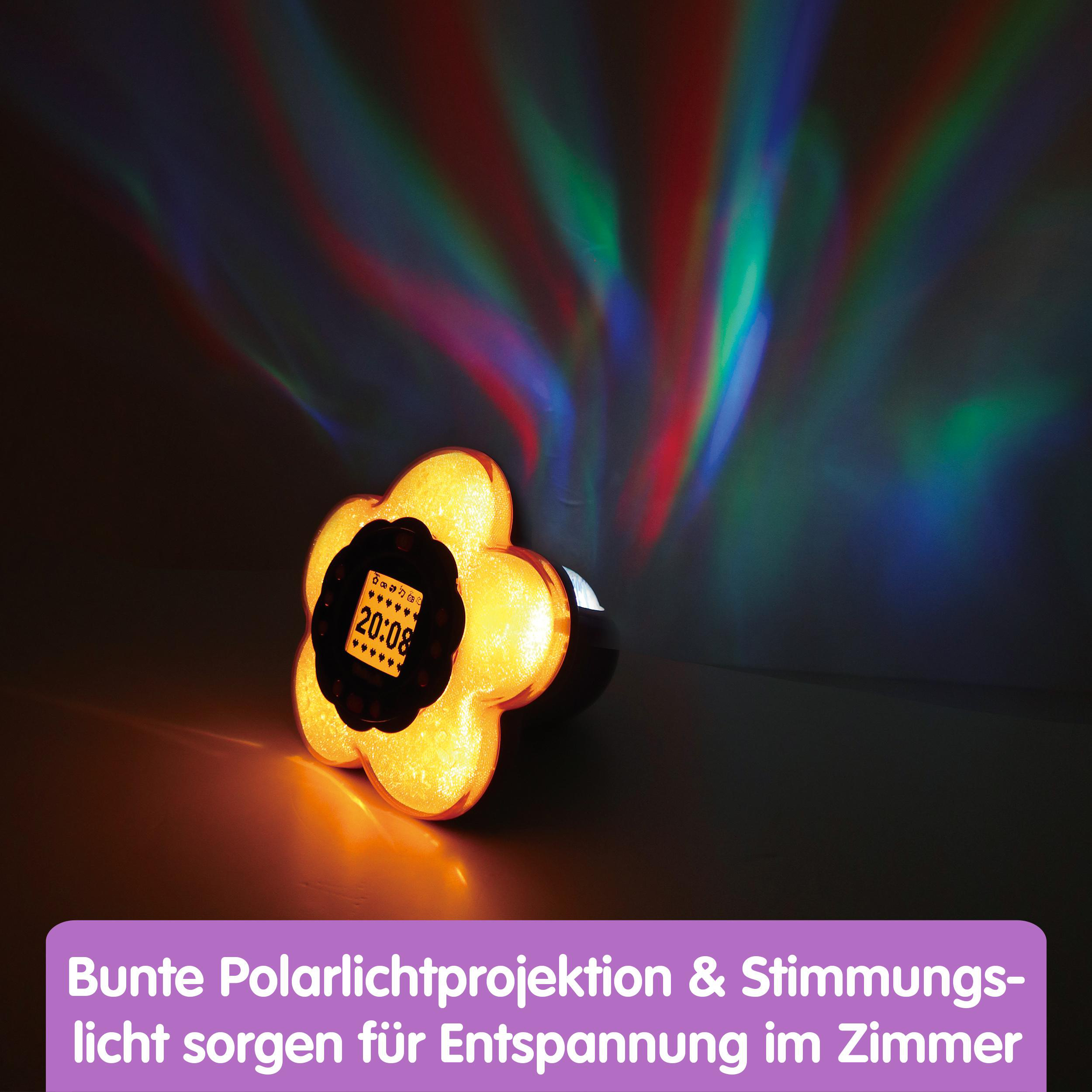 Blumenförmiges Nachtlicht. Zeigt die Uhrzeit an, projiziert Farben und steht auf dunkler Oberfläche.