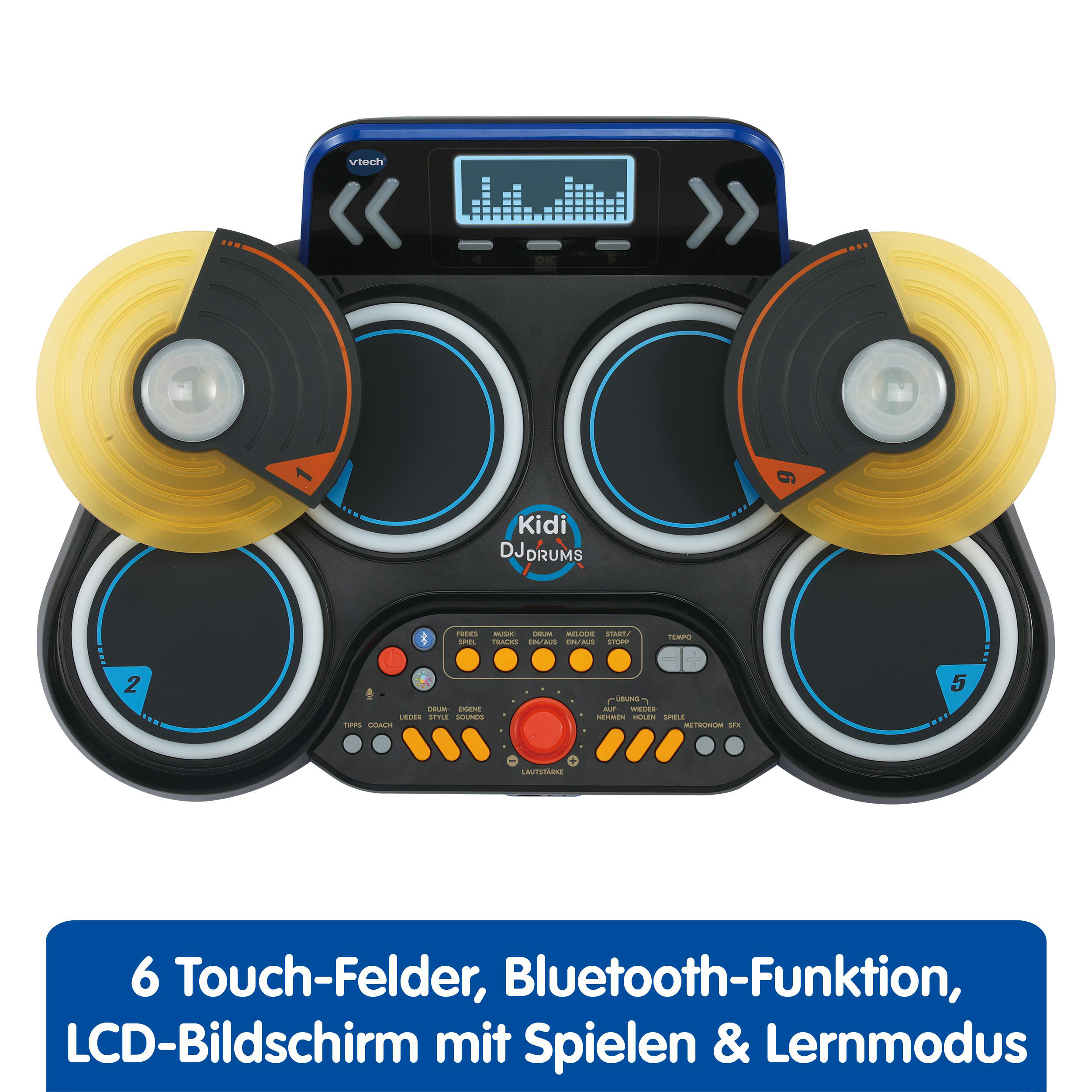 Kidi DJ Drums Spielzeug, schwarz, blau und gelb mit Knöpfen und Schlagzeug-Pads.