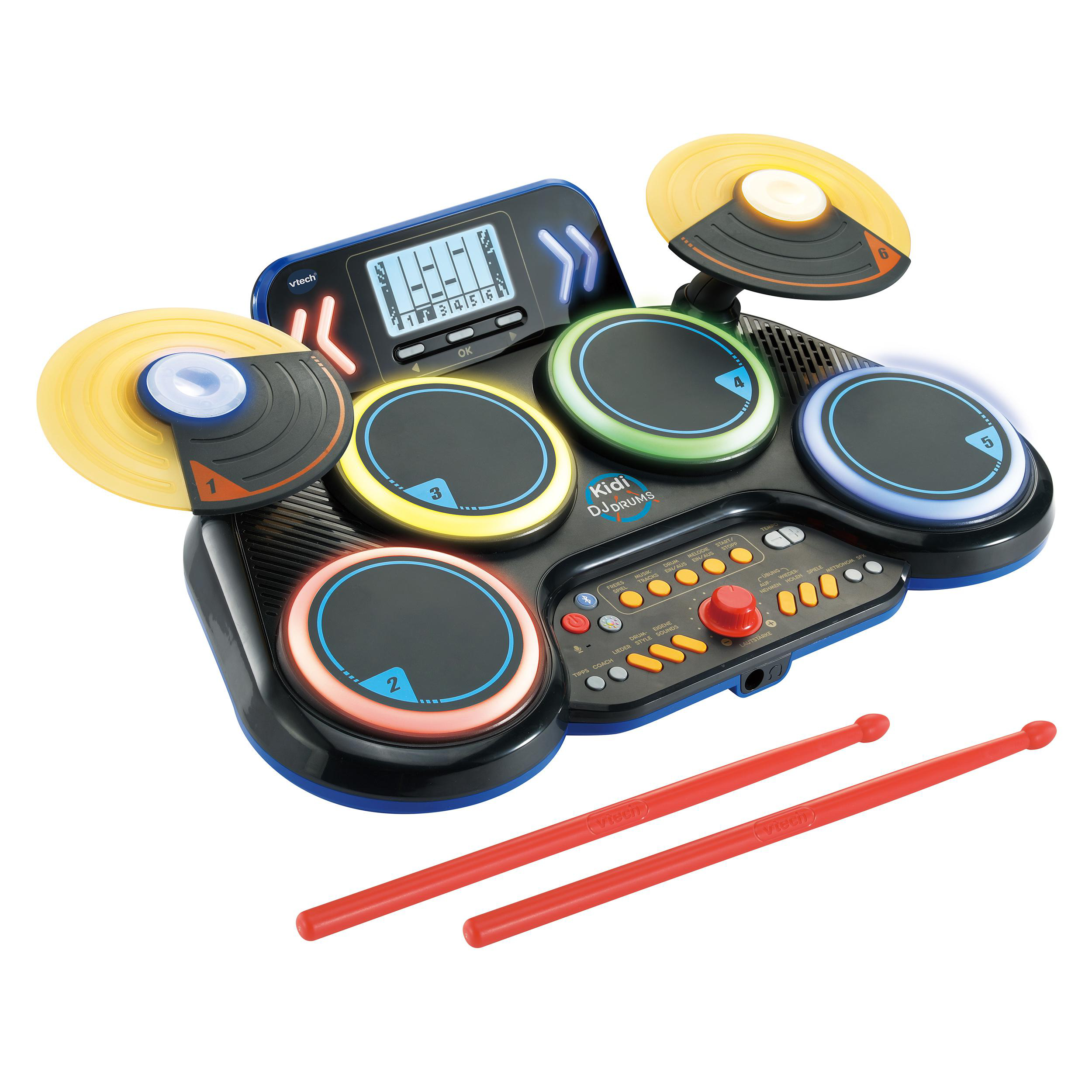 Ein Kidi DJ Drums Spielzeugset mit Trommeln, Becken und einem Anzeigefeld. Rote Drumsticks vorne.