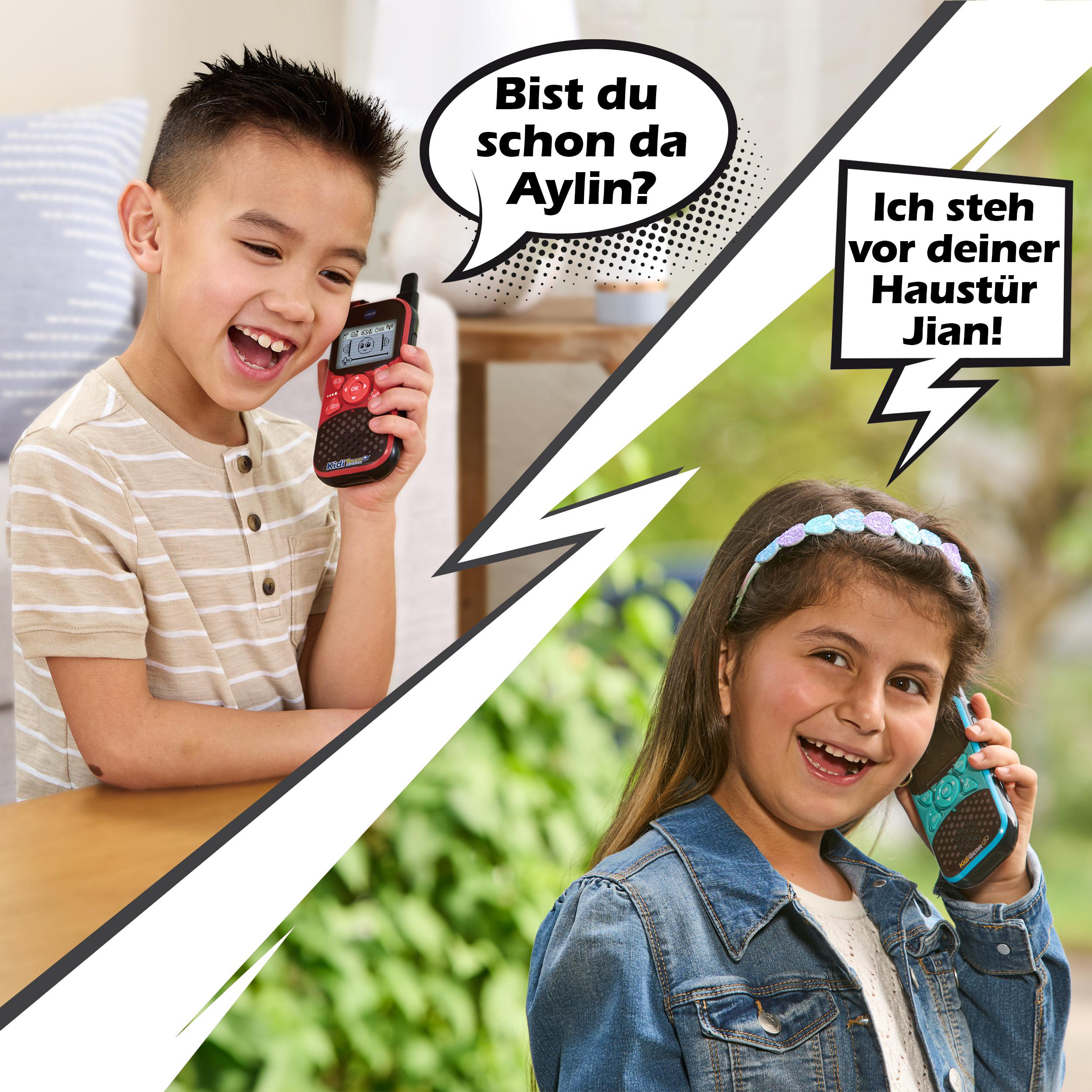 Zwei Kinder benutzen Walkie-Talkies. Sprechblasen zeigen eine Unterhaltung auf Deutsch.