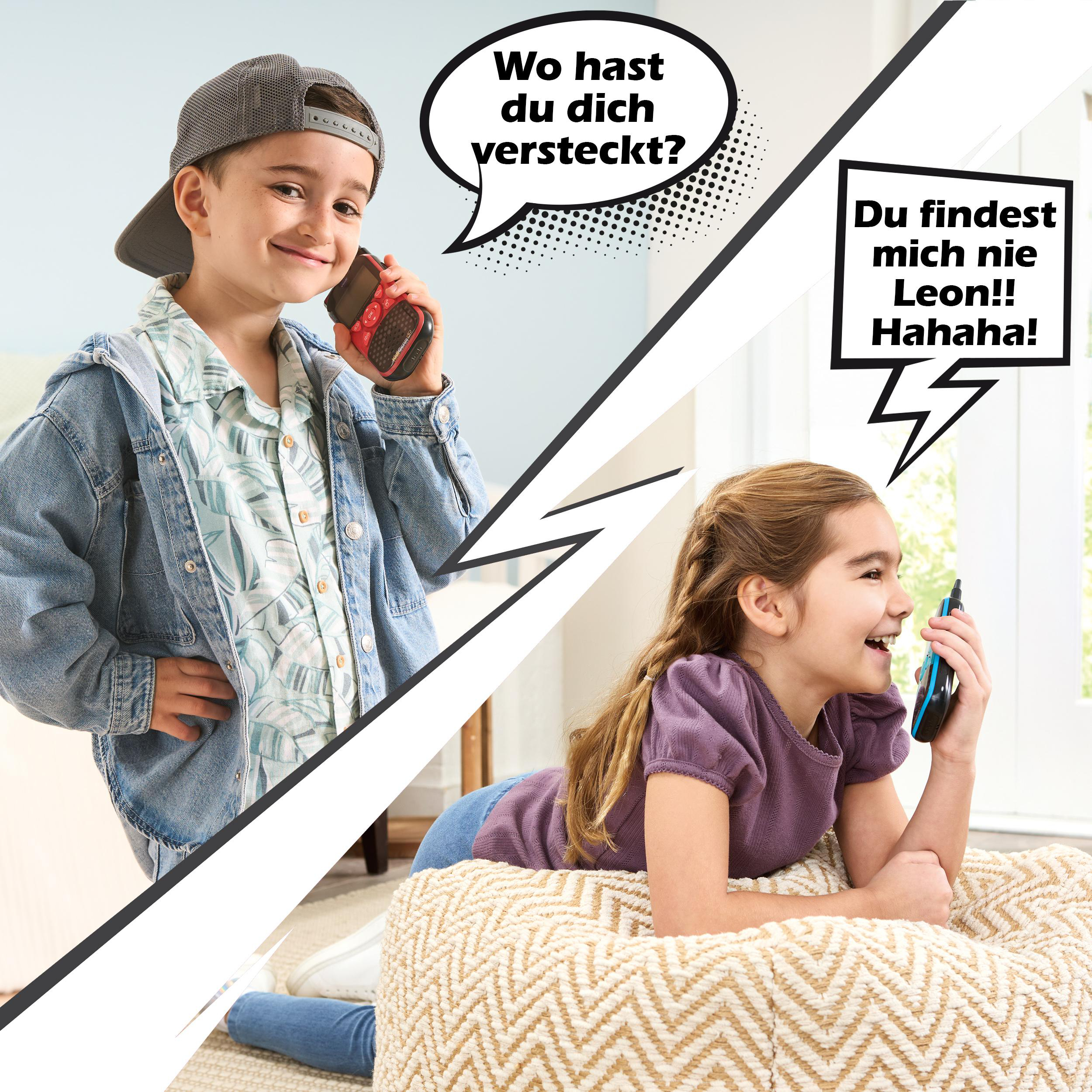 Zwei Kinder spielen mit Walkie-Talkies, mit Sprechblasen, die ihre Unterhaltung anzeigen.