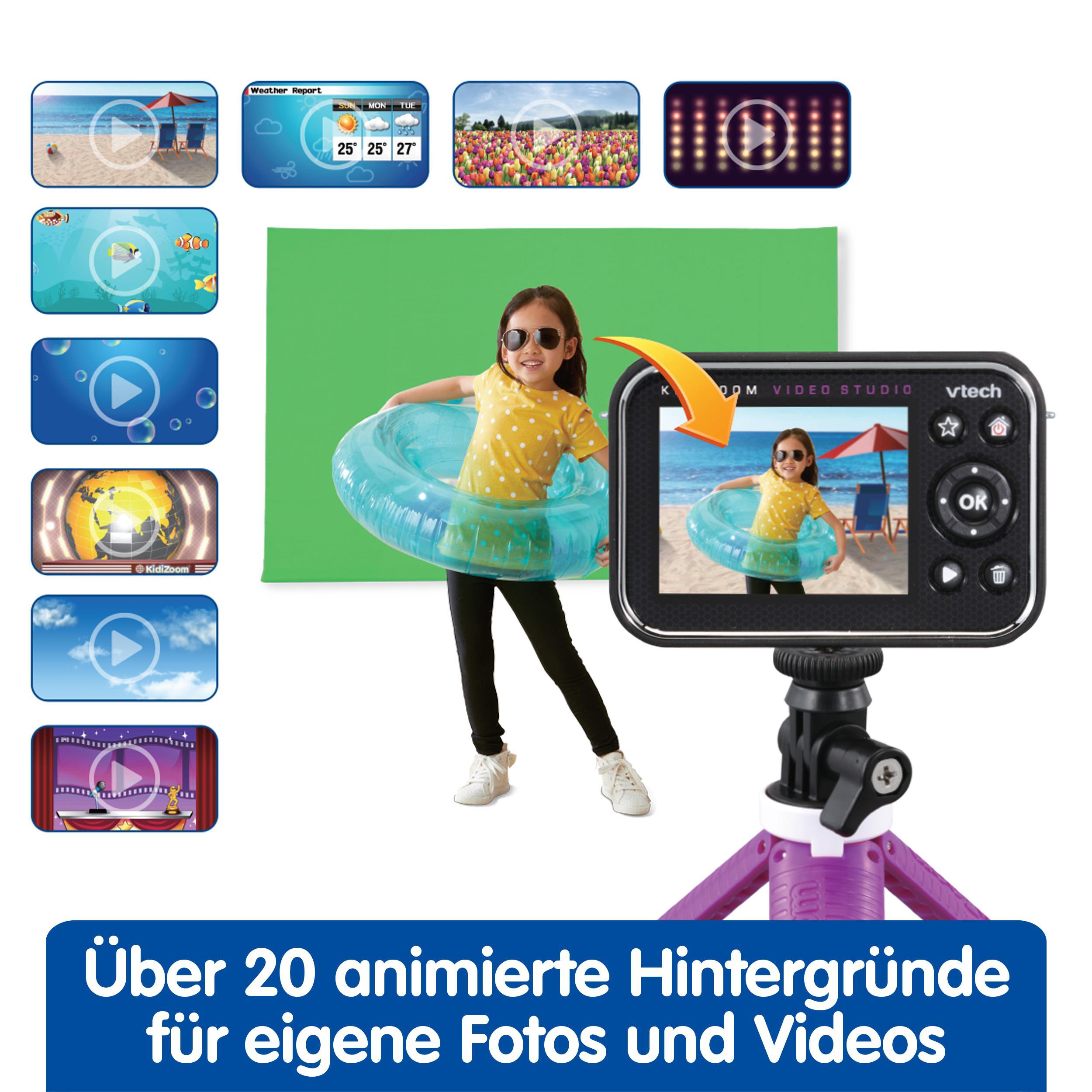 Mädchen mit Kamera, umgeben von Video-Symbolen.
