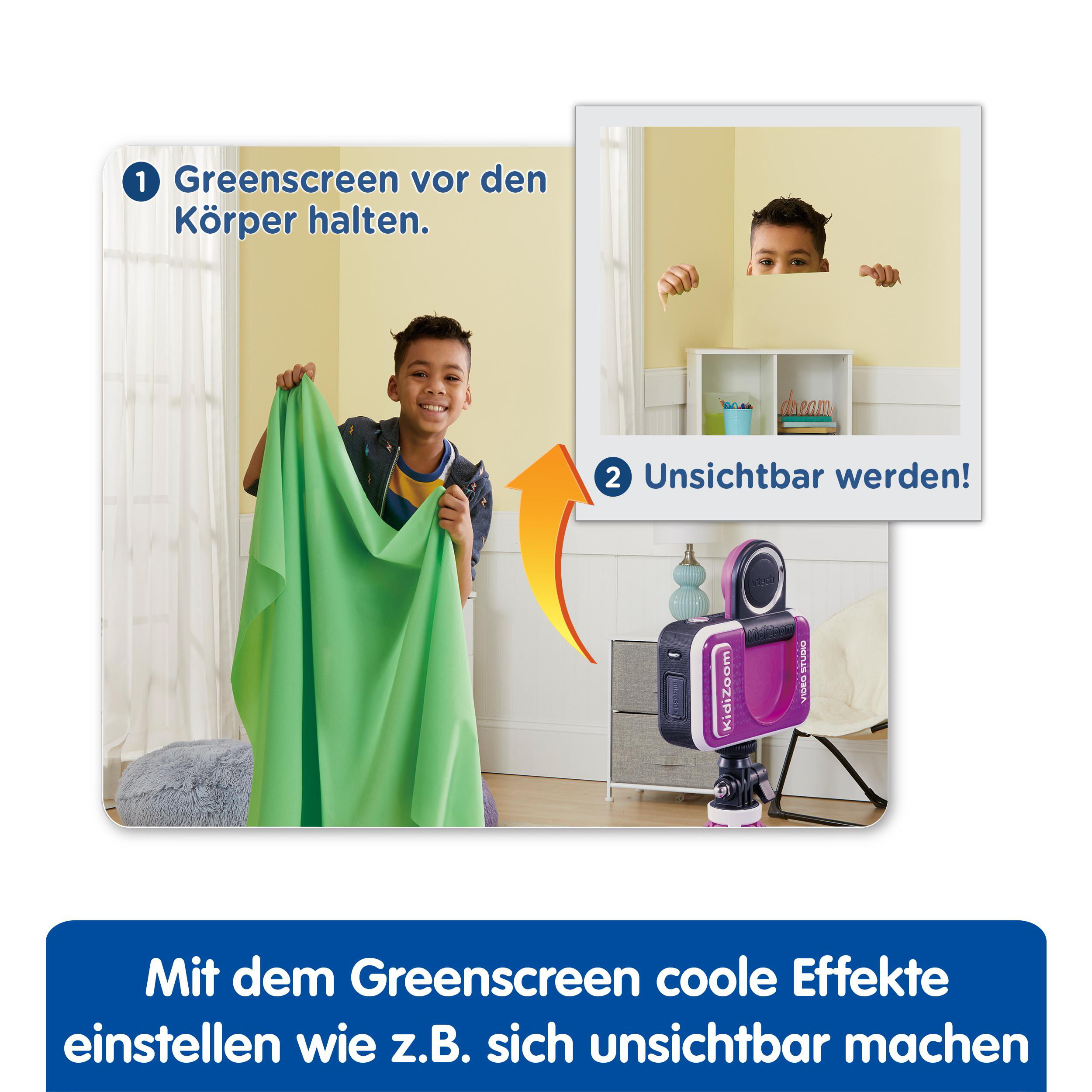 Ein Junge hält einen Greenscreen, und das Gesicht eines anderen Jungen ist sichtbar.