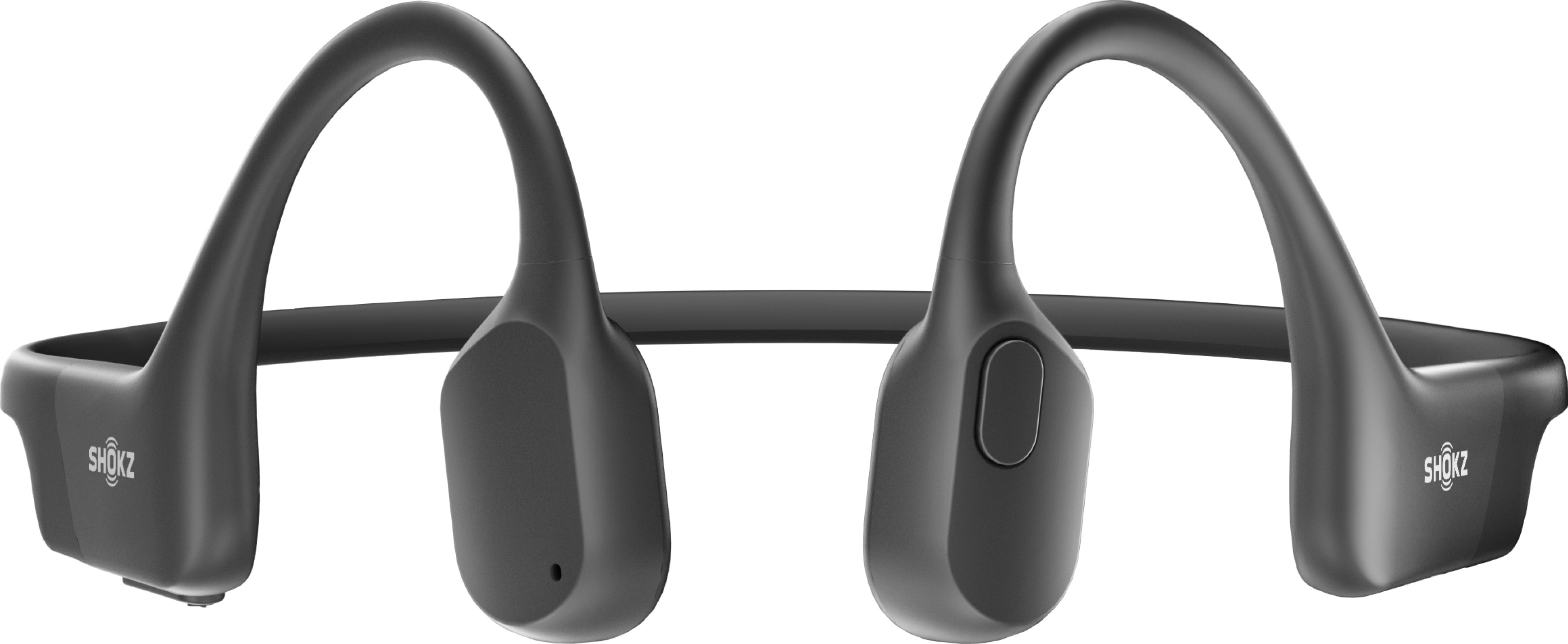 Cuffie a conduzione ossea Shokz nere, con design curvo e pulsante, su sfondo bianco.