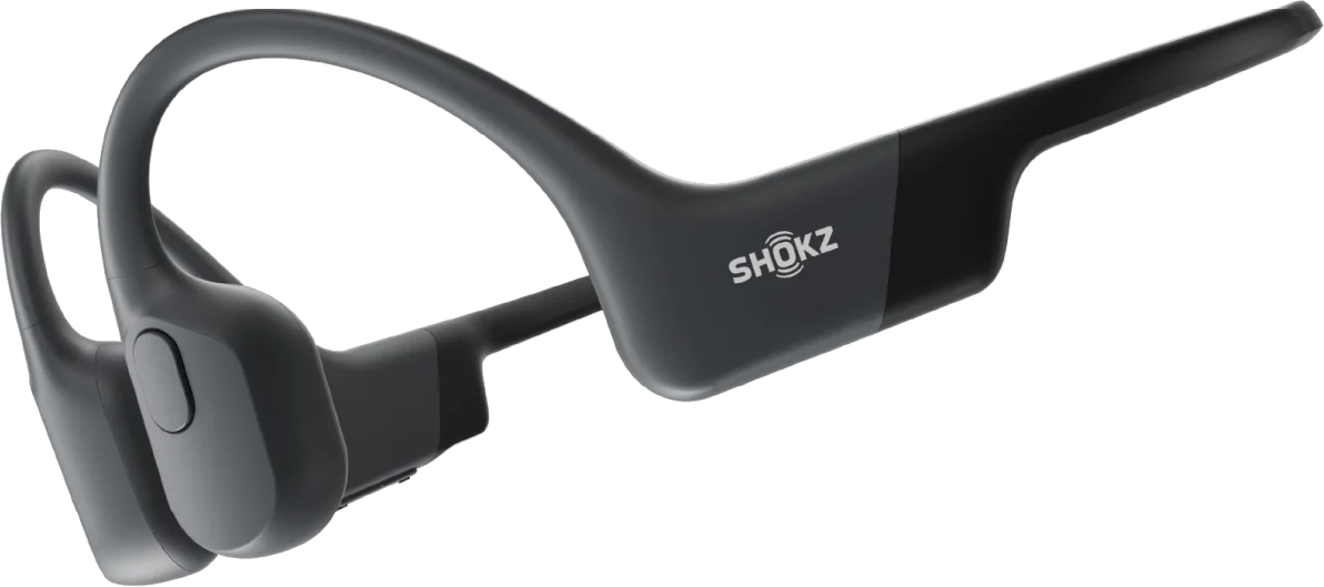 Cuffie a conduzione ossea Shokz nere, progettate per avvolgere la testa.