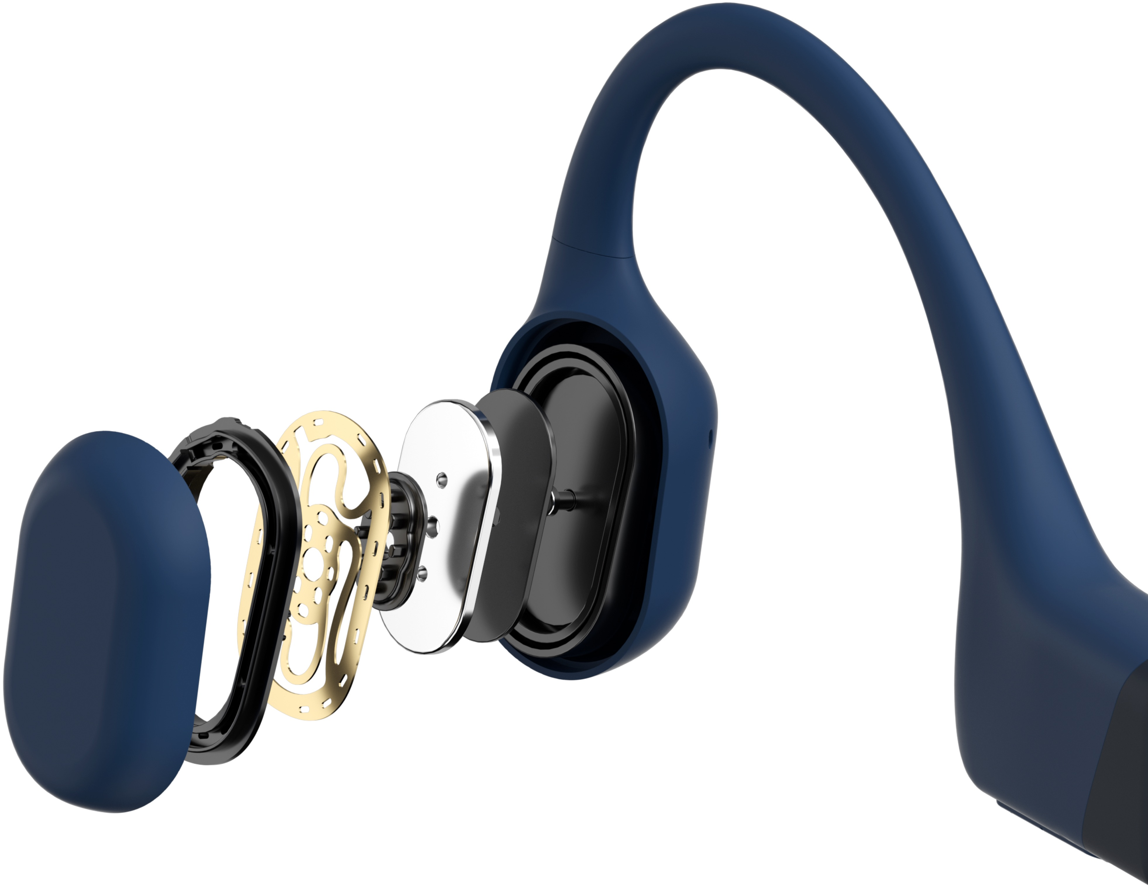 Un casque à conduction osseuse bleu démonté montrant les composants internes.