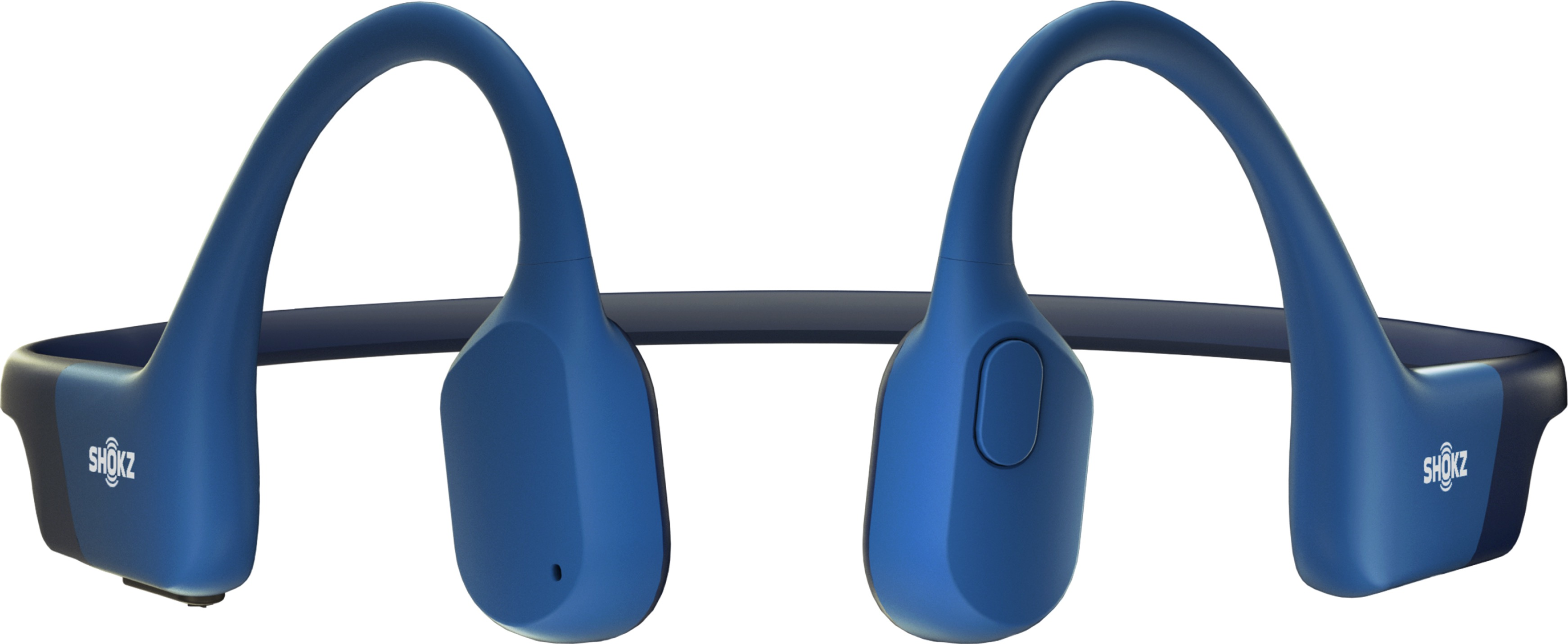 Une paire d'écouteurs à conduction osseuse Shokz bleus.