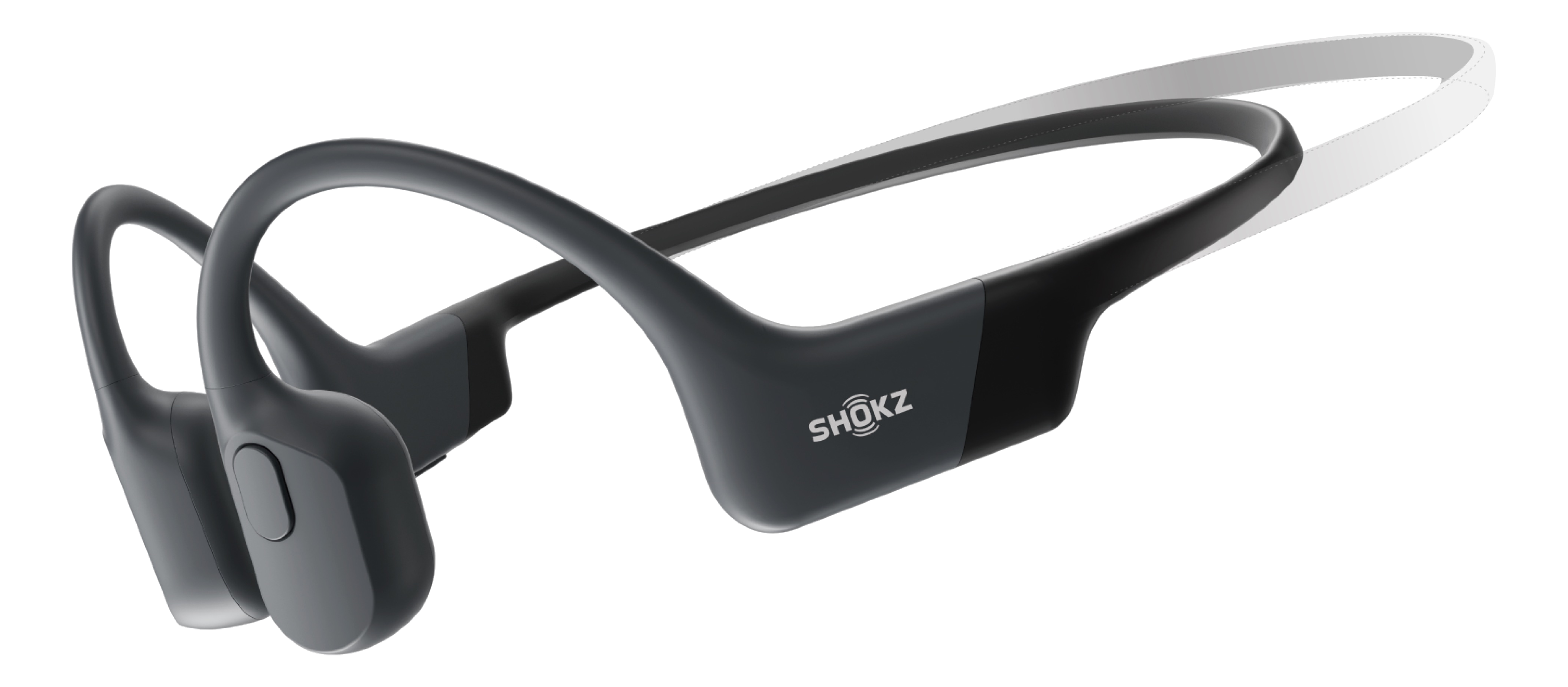Schwarze Shokz kabellose Knochenschallkopfhörer mit silbernem Logo.