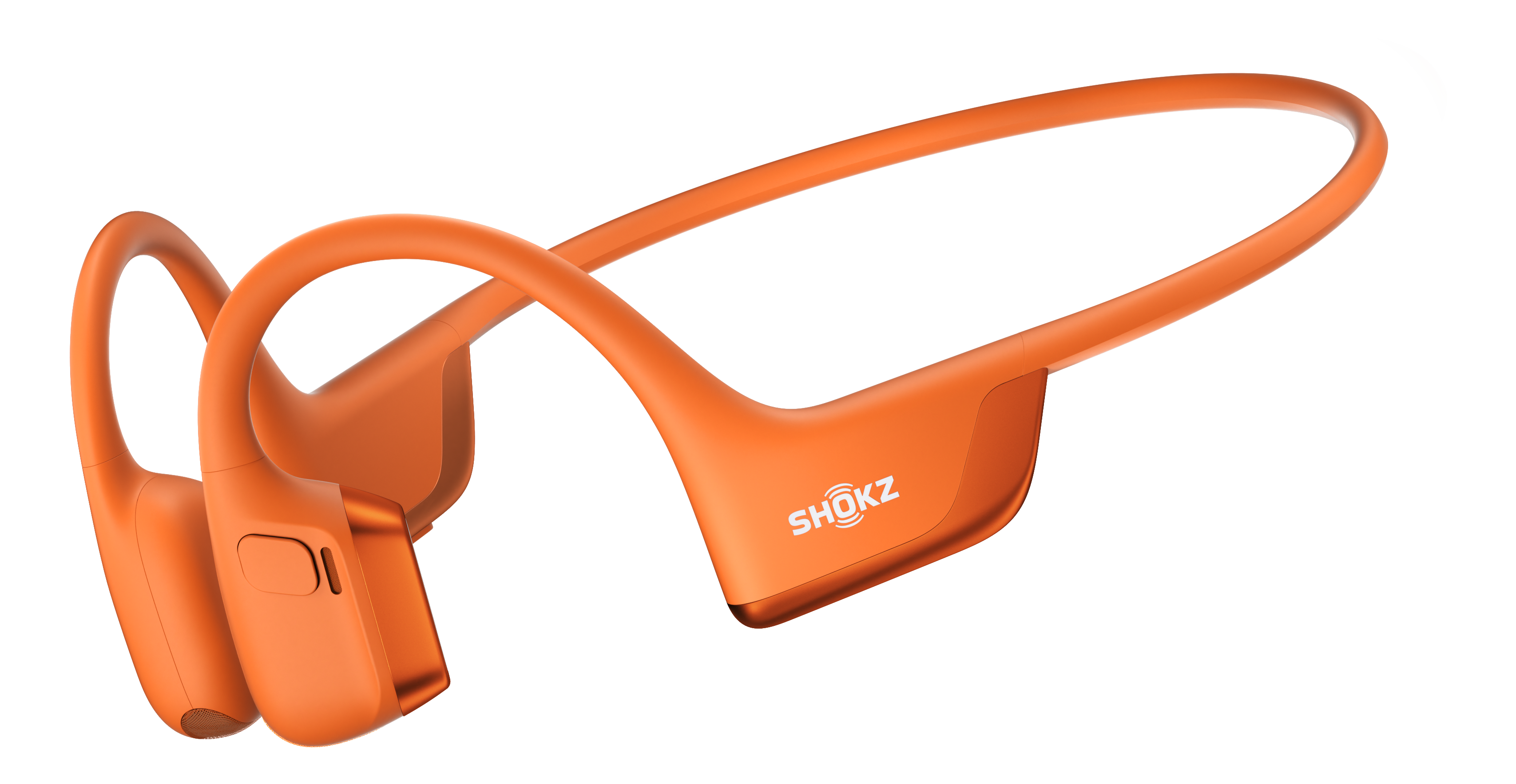 Orangefarbene Shokz-Kopfhörer, Knochenleitung Design. Die Open-Ear-Kopfhörer sind auf schwarzem Hintergrund.
