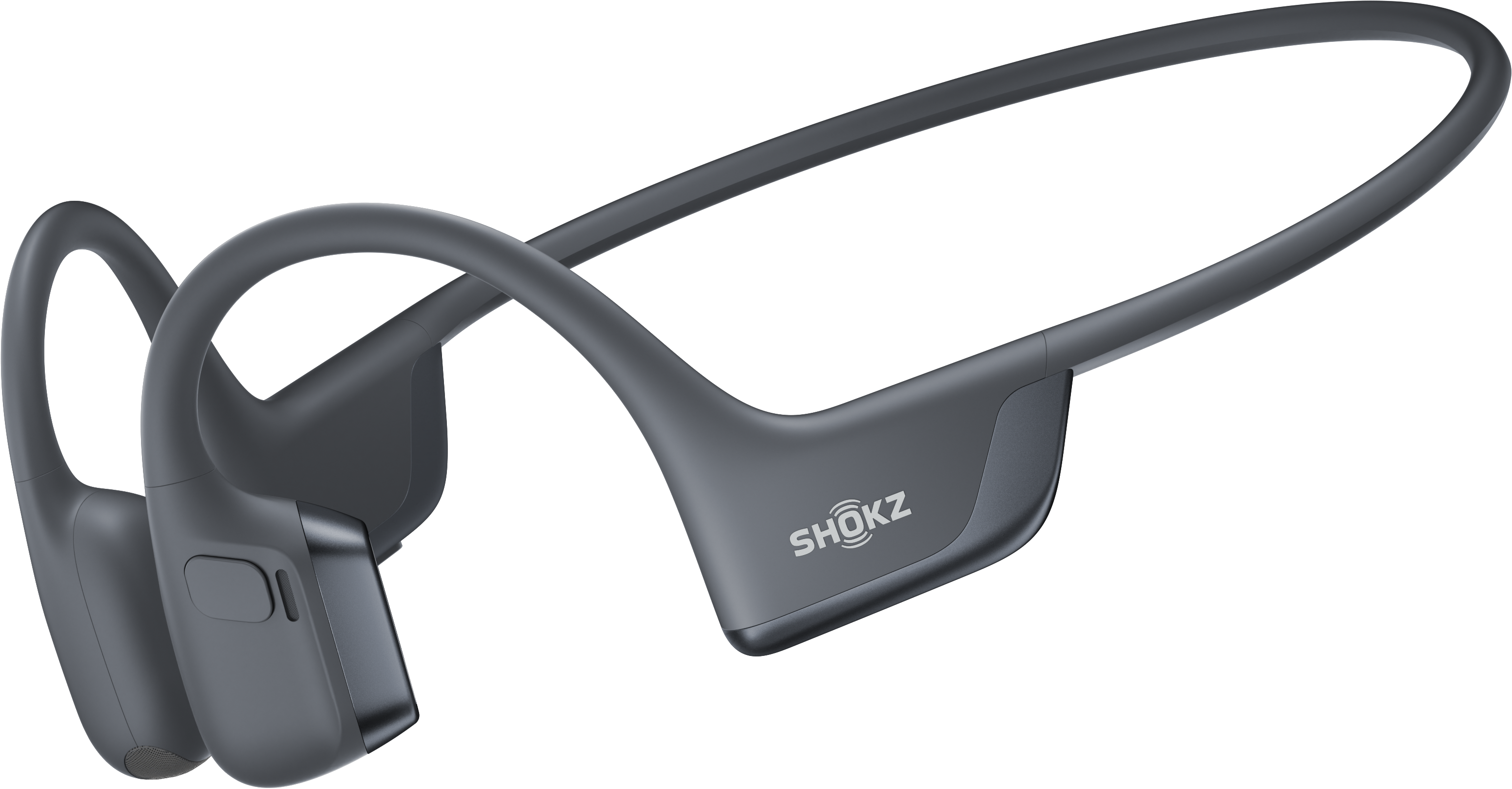 Dunkelgraue Knochenschallkopfhörer mit dem Shokz-Logo vor schwarzem Hintergrund.