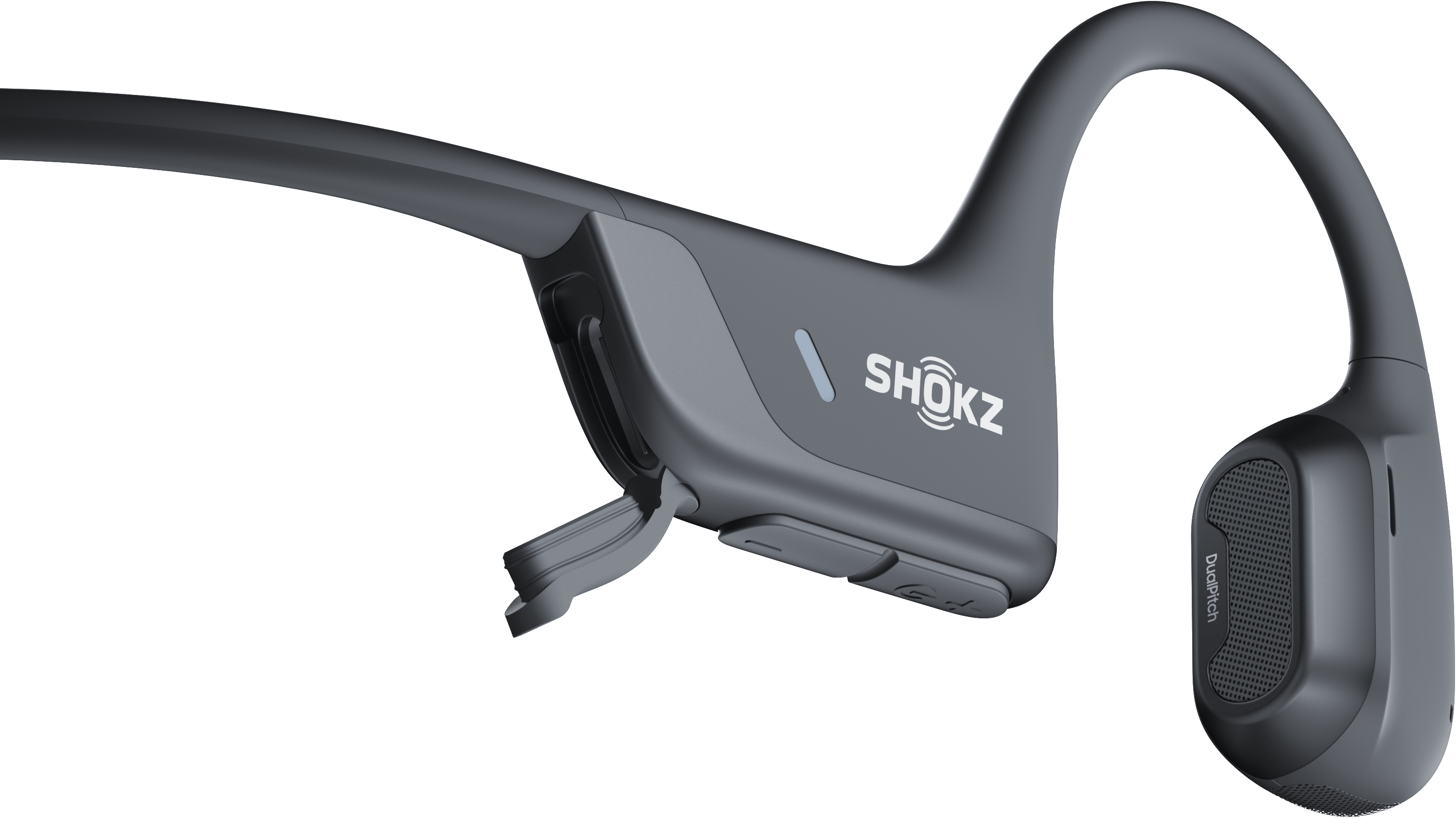 Dunkelgraue Knochenschallkopfhörer. Shokz-Logo an der Seite, mit schwarzem Hintergrund.