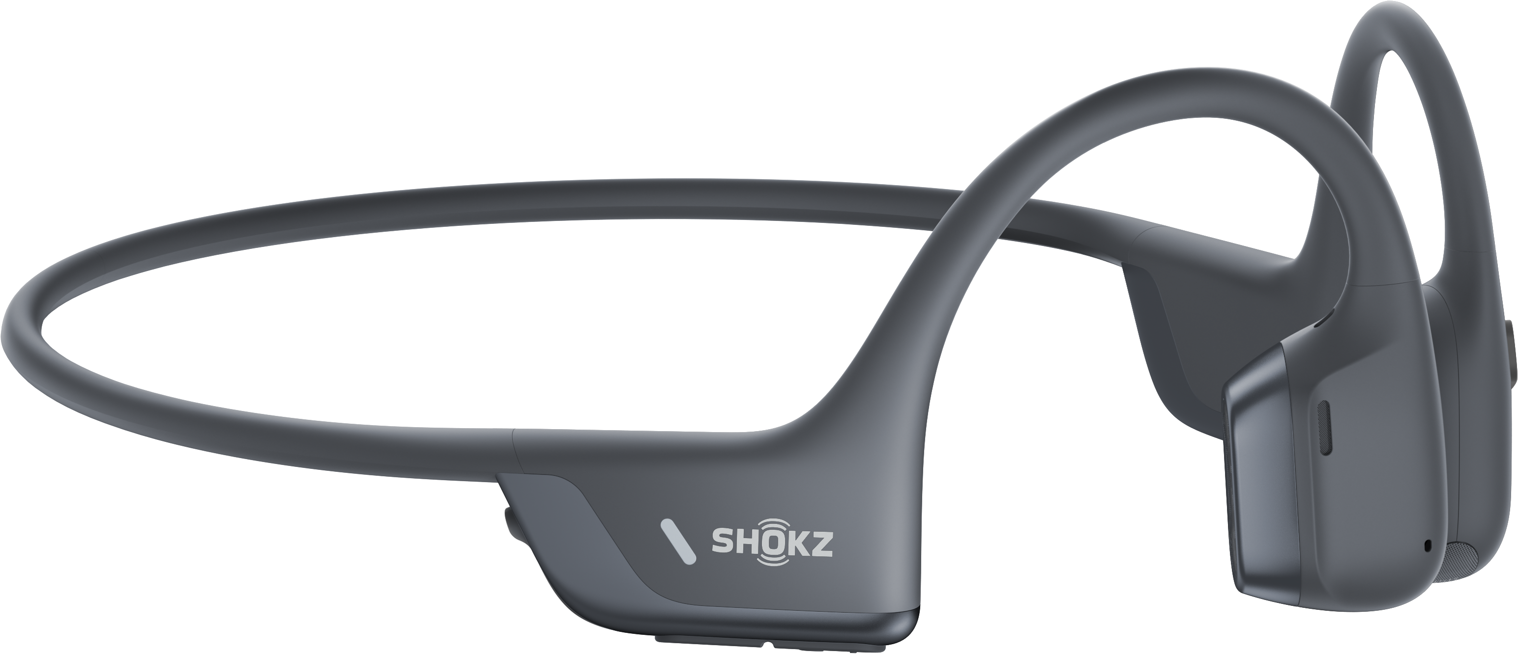 Dunkelgraue Shokz Knochenschallkopfhörer. Das Shokz-Logo ist auf der Seite zu sehen.