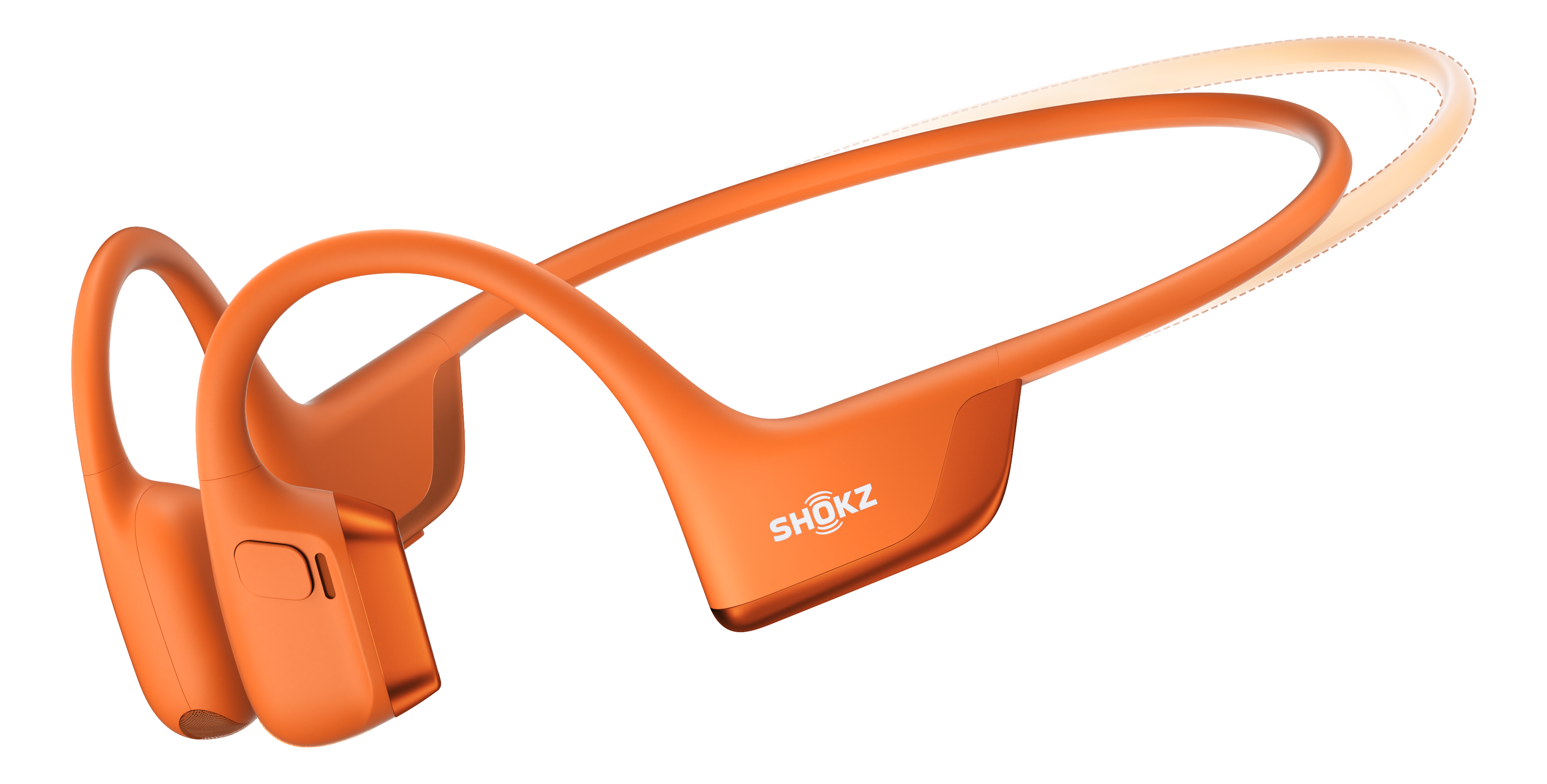 Casque à conduction osseuse Shokz orange. Ils s'enroulent autour de la tête et reposent près des oreilles.
