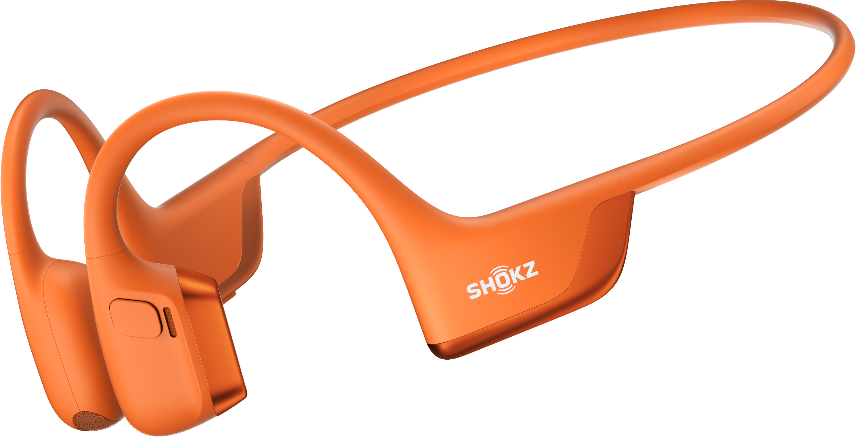 Casque à conduction osseuse orange, incliné, avec la marque 'SHOKZ'.