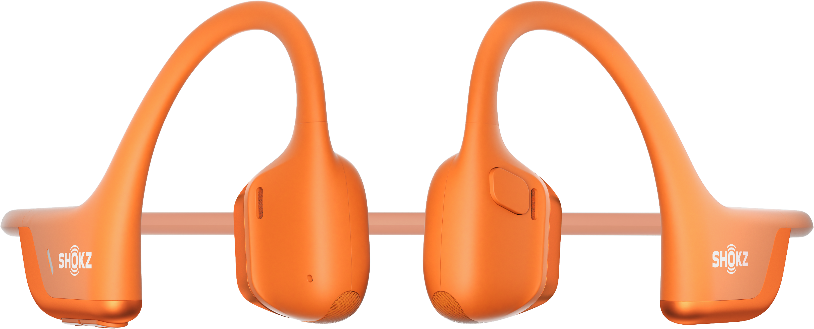 Casque à conduction osseuse Shokz orange. Ils s'enroulent autour de la tête et se placent devant les oreilles.
