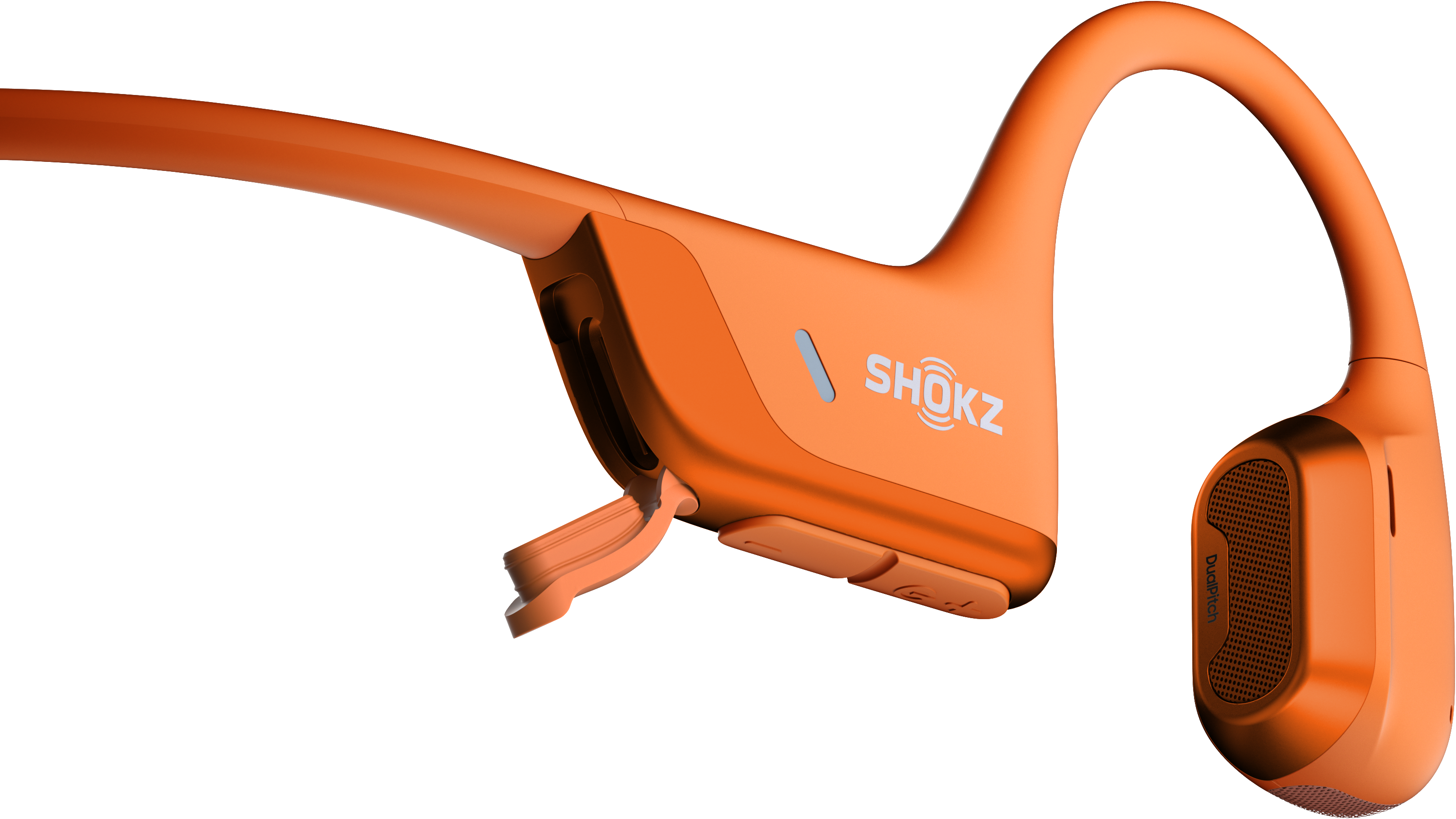 Casque à conduction osseuse Shokz orange avec bouton et haut-parleur visibles.