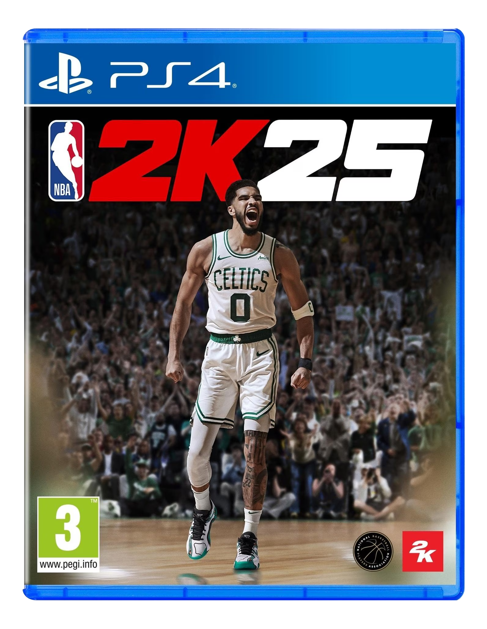 PS4-Spielcover, NBA 2K25, mit Basketballspieler. Schwarzer Hintergrund, Spieldetails oben.