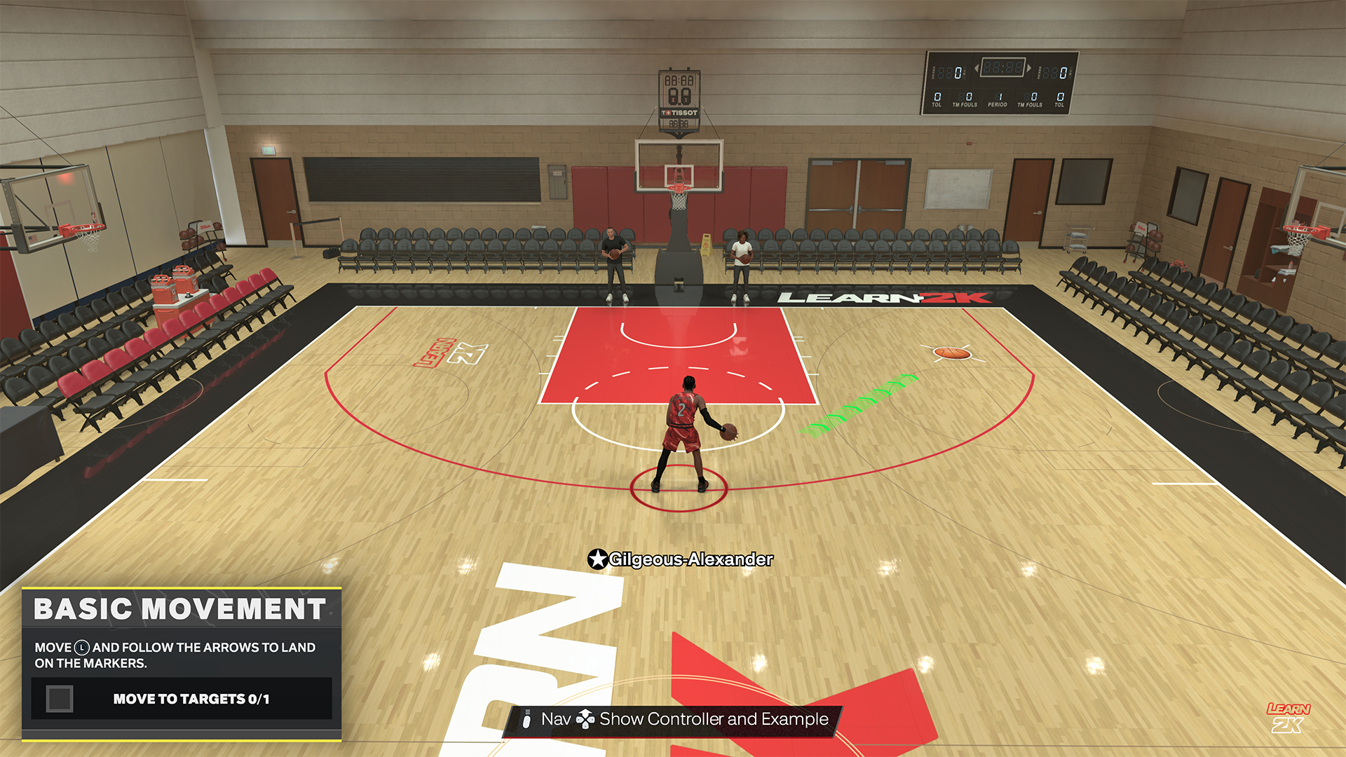 Ein Basketballfeld mit einem dribbelnden Spieler. Grundlegende Bewegungsanweisungen werden angezeigt.