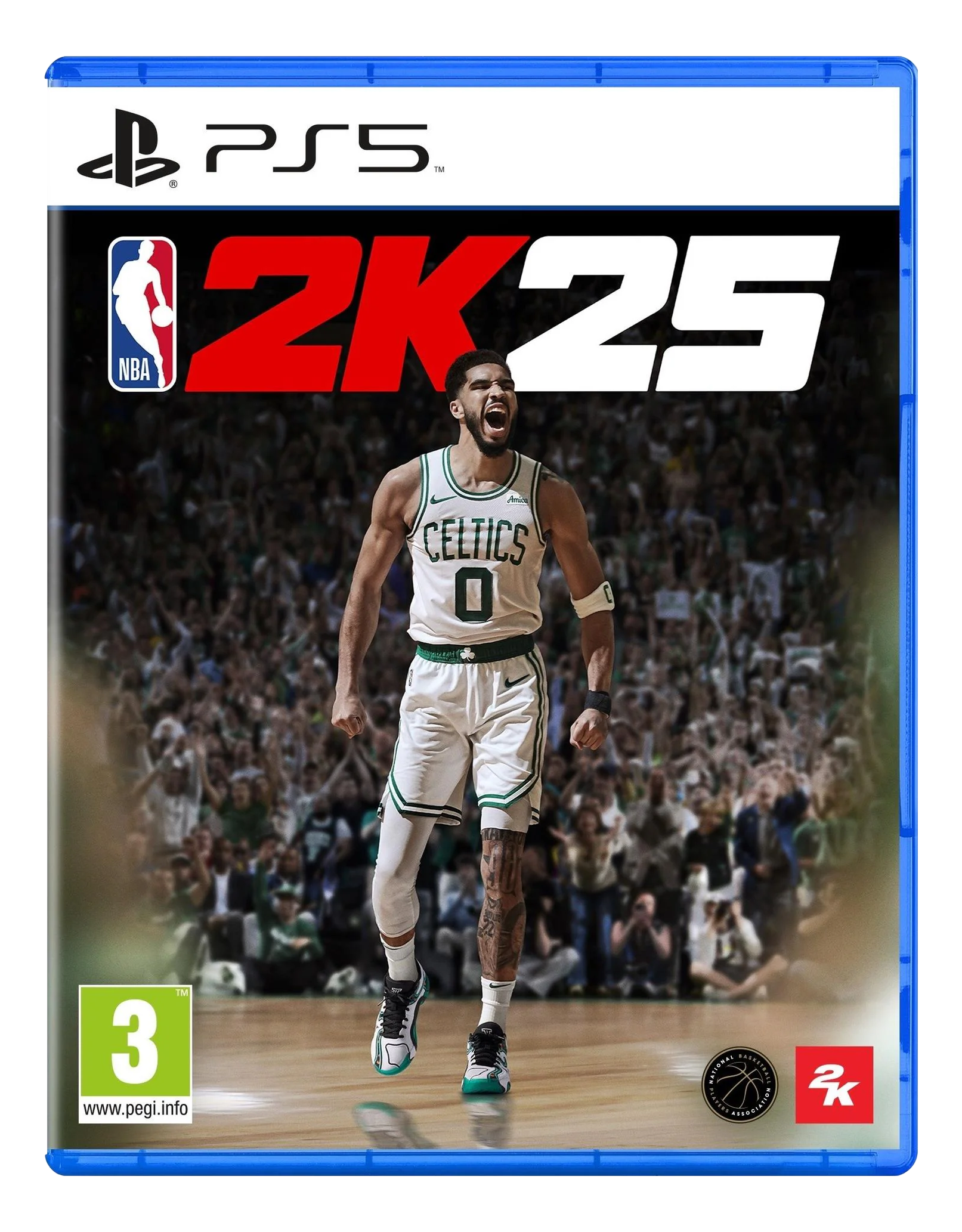 PS5-Spielcover von NBA 2K25. Ein Basketballspieler in Aktion auf dem Spielfeld, mit Zuschauern im Hintergrund.