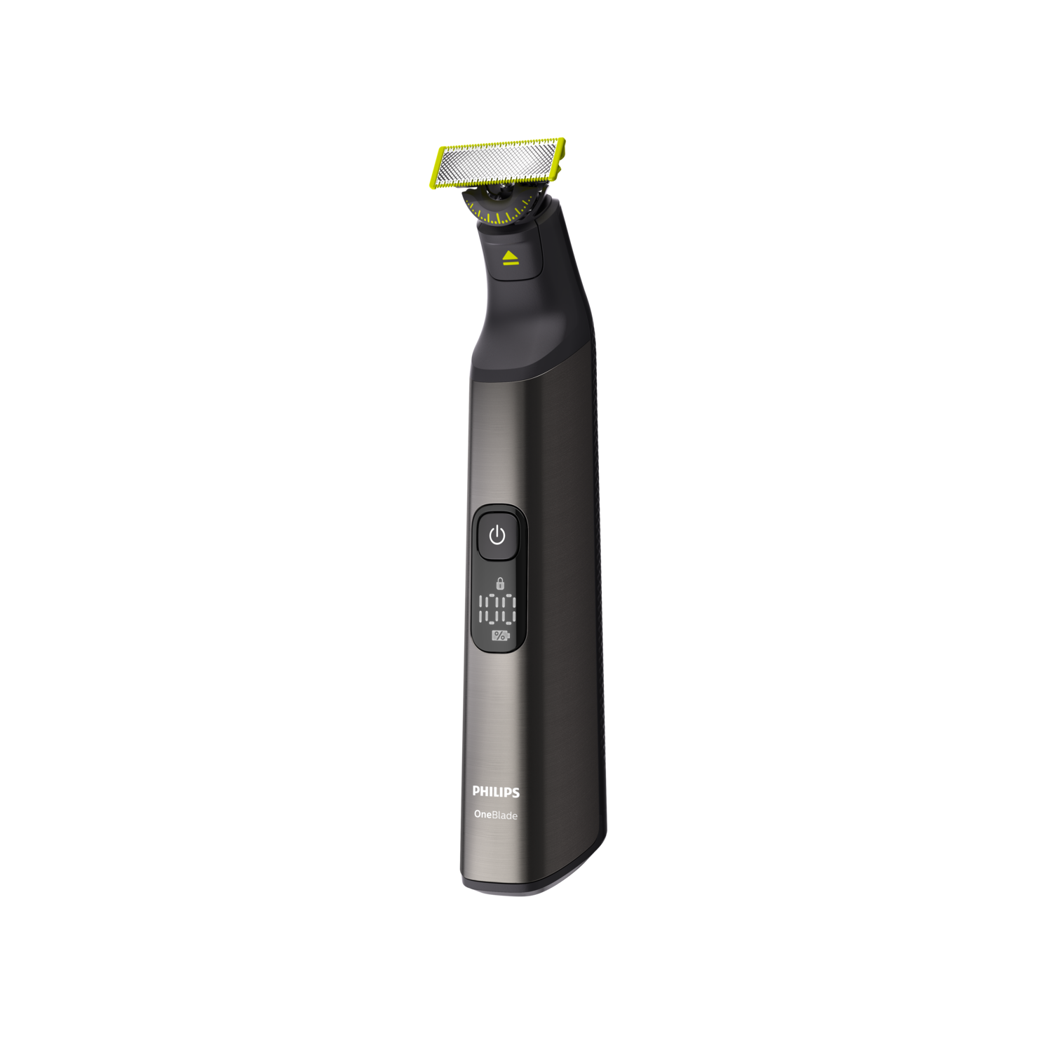 Black and gray Philips OneBlade beard trimmer with a yellow blade, isolated.