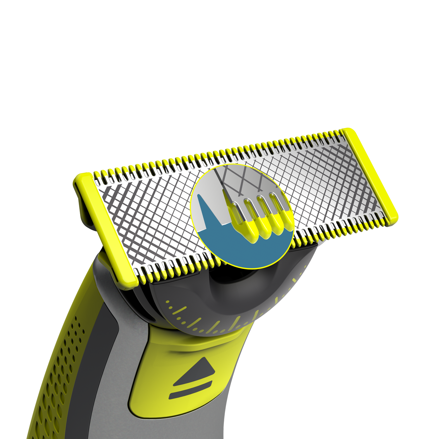 Close-up of a yellow and black electric shaver head, blades visible.