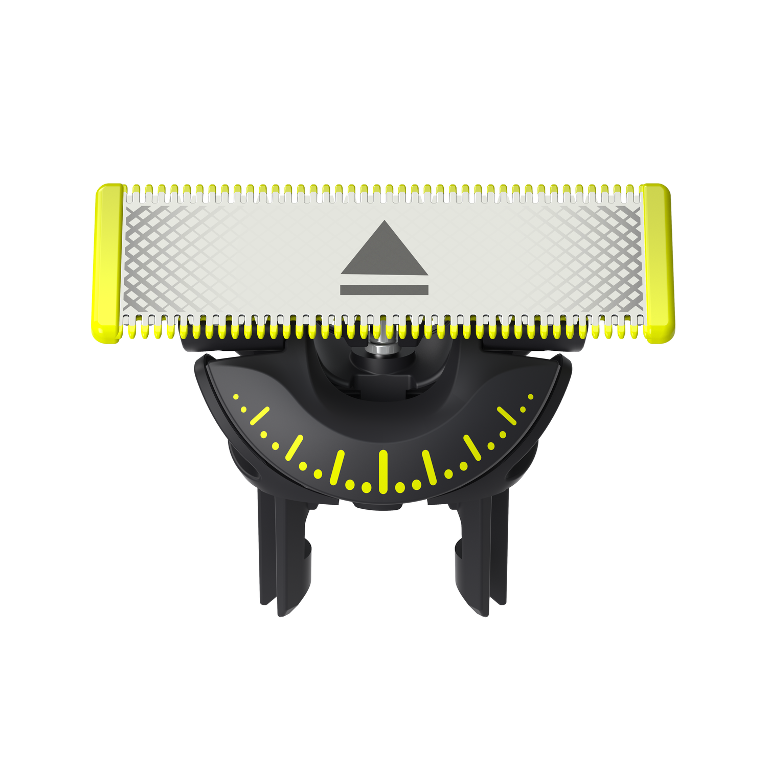 A close-up of a shaver head with yellow details. It has a black base with a grey blade and arrow.