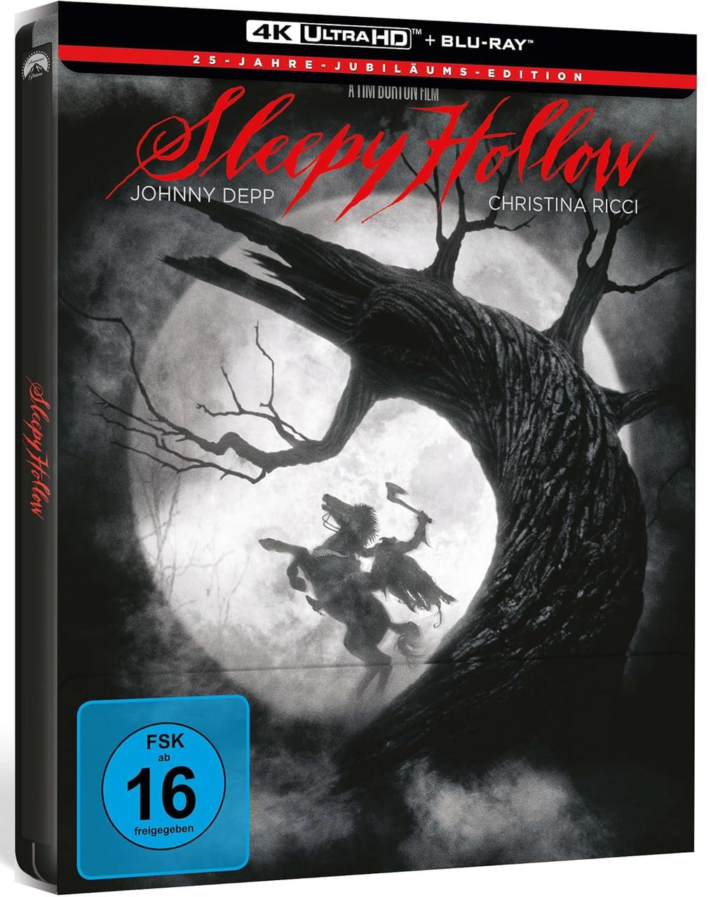 Sleepy Hollow DVD-Cover. Johnny Depp und Christina Ricci sind zu sehen. Eine gruselige Szene.