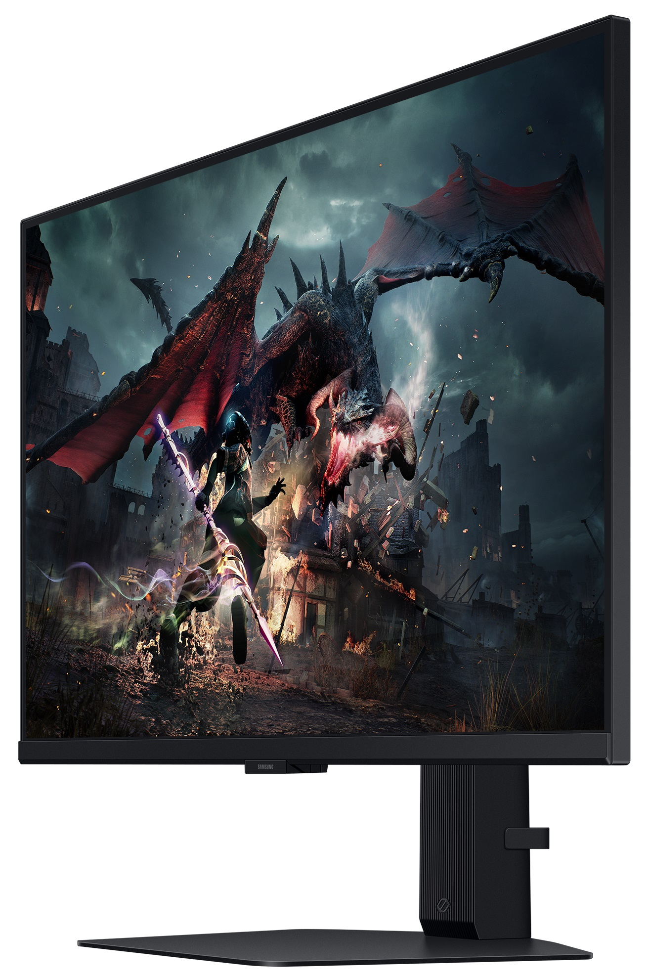 Monitor do gier wyświetlający scenę fantasy. Smok i wojownik walczą, ciemne tło.