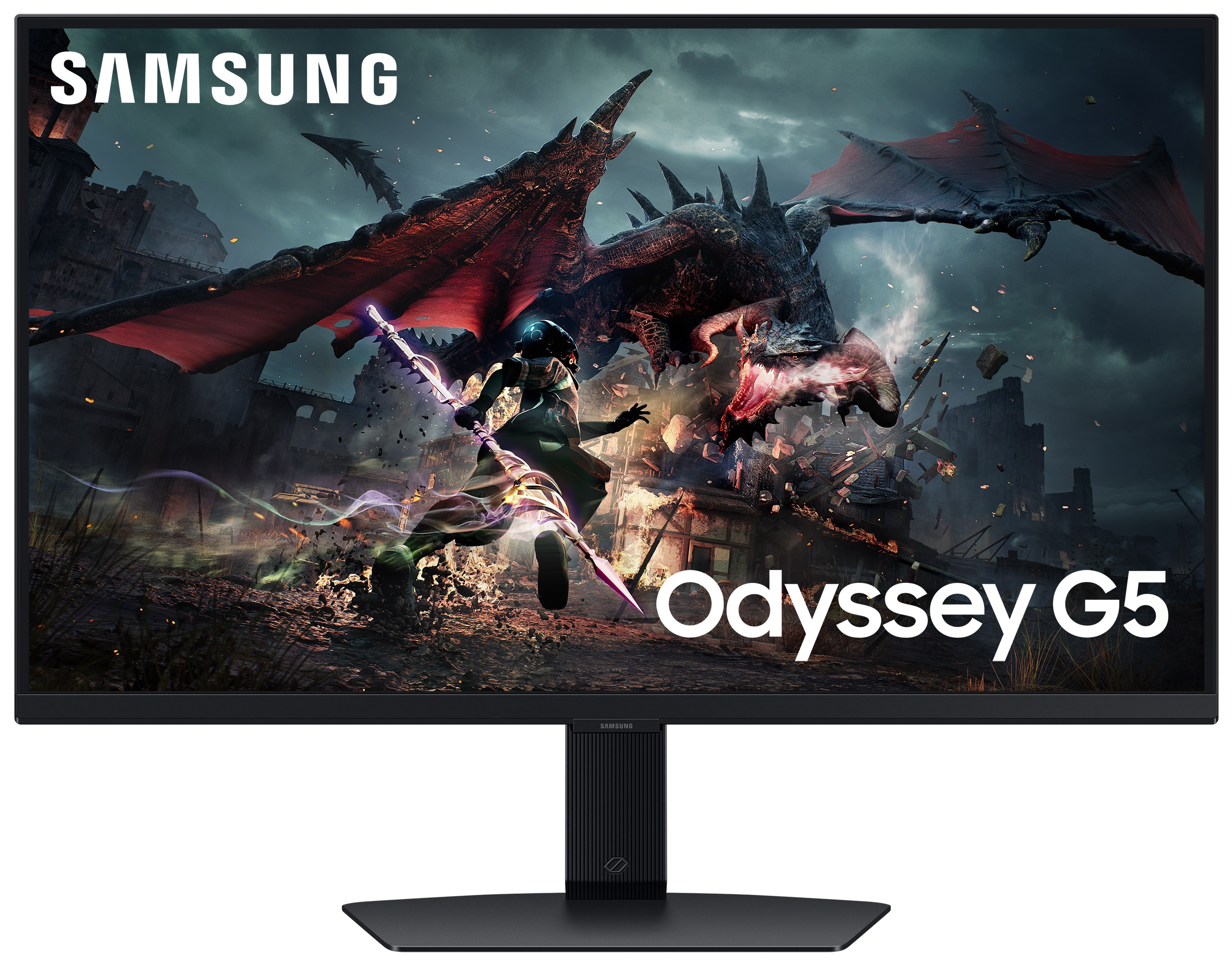 Monitor gamingowy Samsung Odyssey G5. Na ekranie wyświetlana jest scena fantasy.