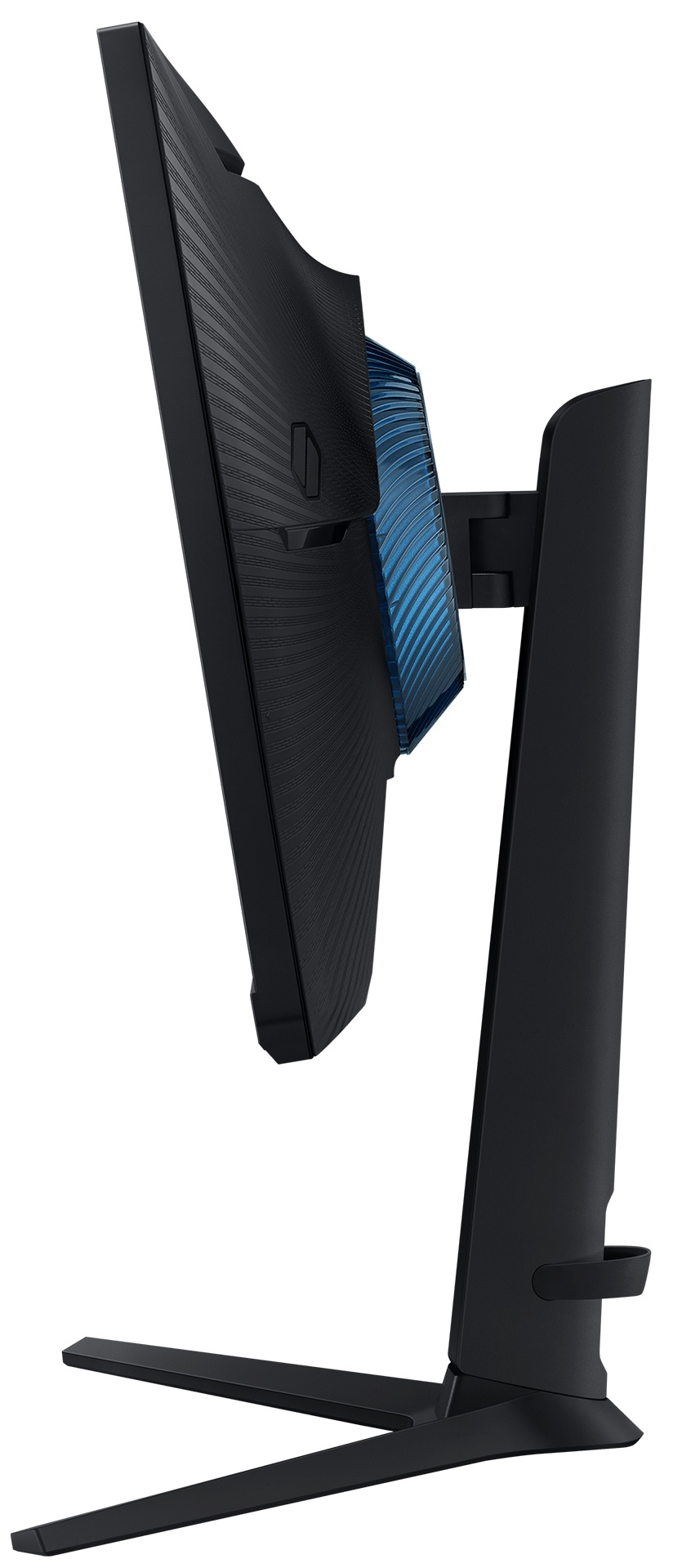 Czarny i niebieski monitor Samsung, widok z boku, ustawiony pod kątem na czarnym stojaku.