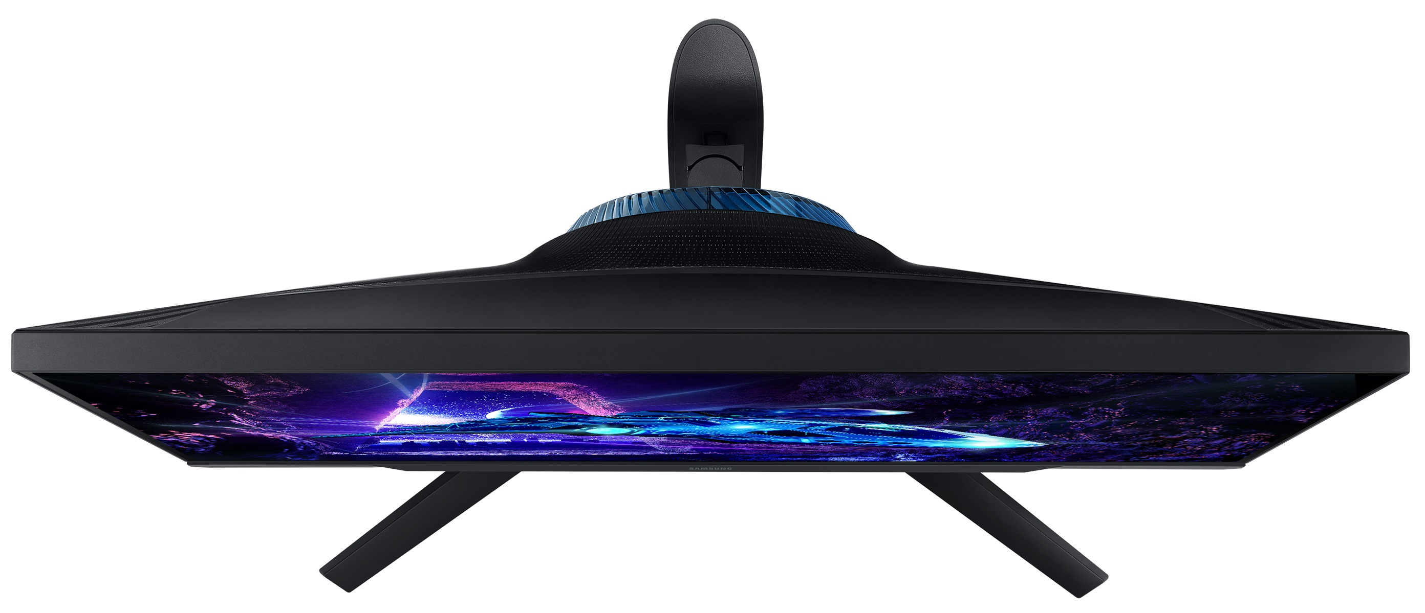 Widok z góry na zakrzywiony monitor z niebiesko-fioletowym ekranem, czarną podstawą i stojakiem.