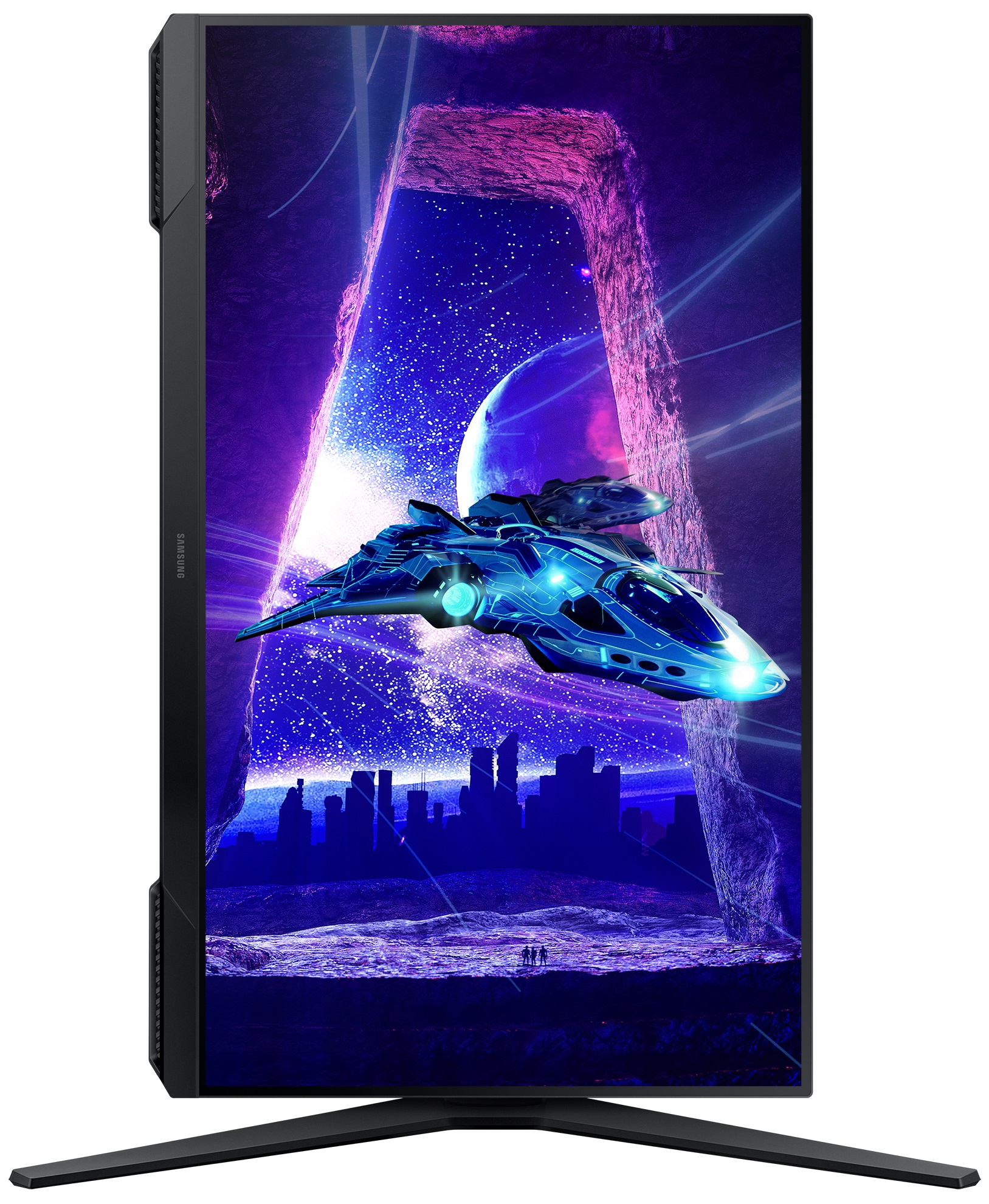 Monitor komputera wyświetla futurystyczną scenę kosmiczną z statkiem kosmicznym i sylwetką miasta.