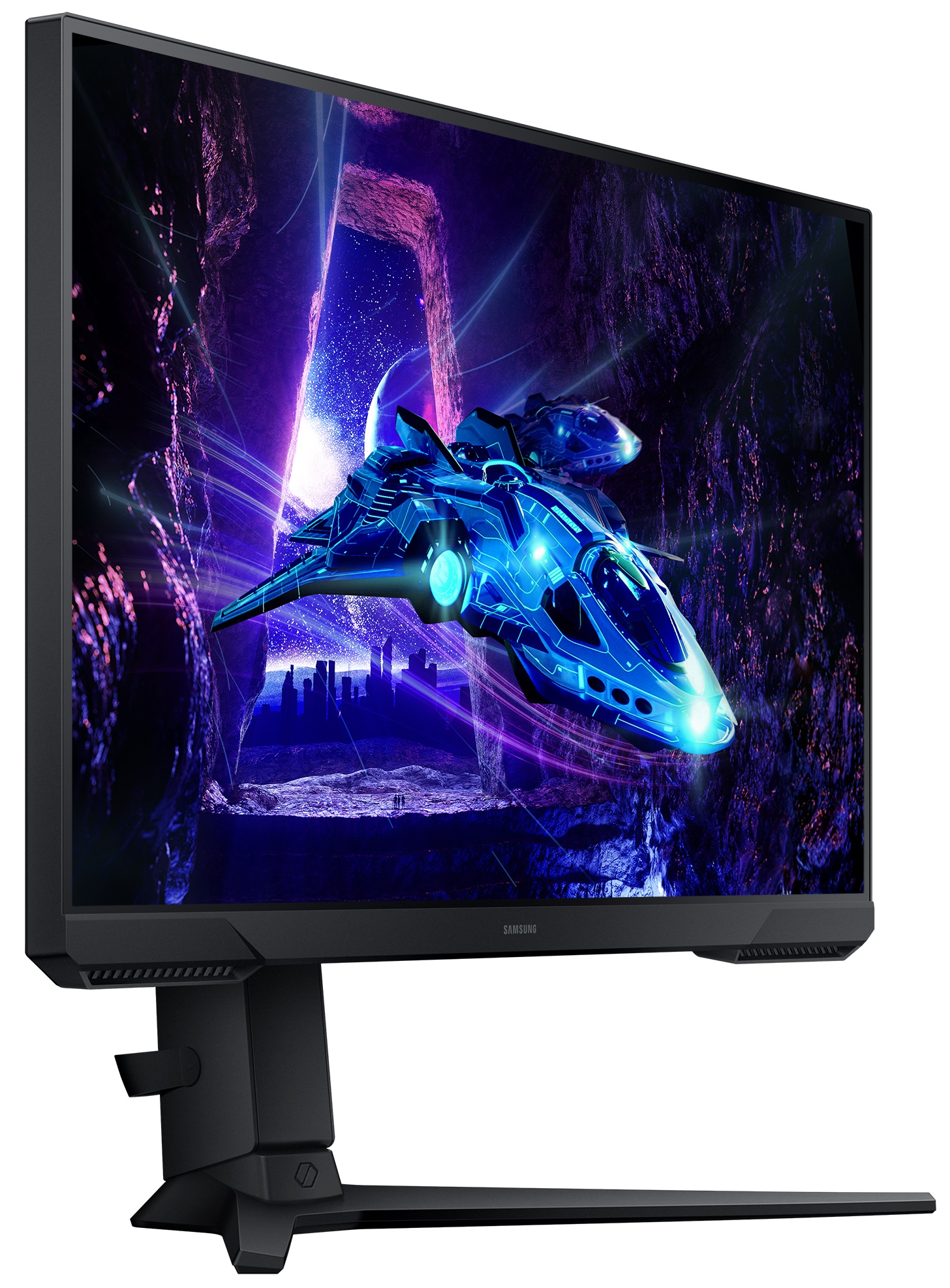 Czarny monitor do gier przedstawiający statek kosmiczny w niebiesko-fioletowym tunelu kosmicznym.