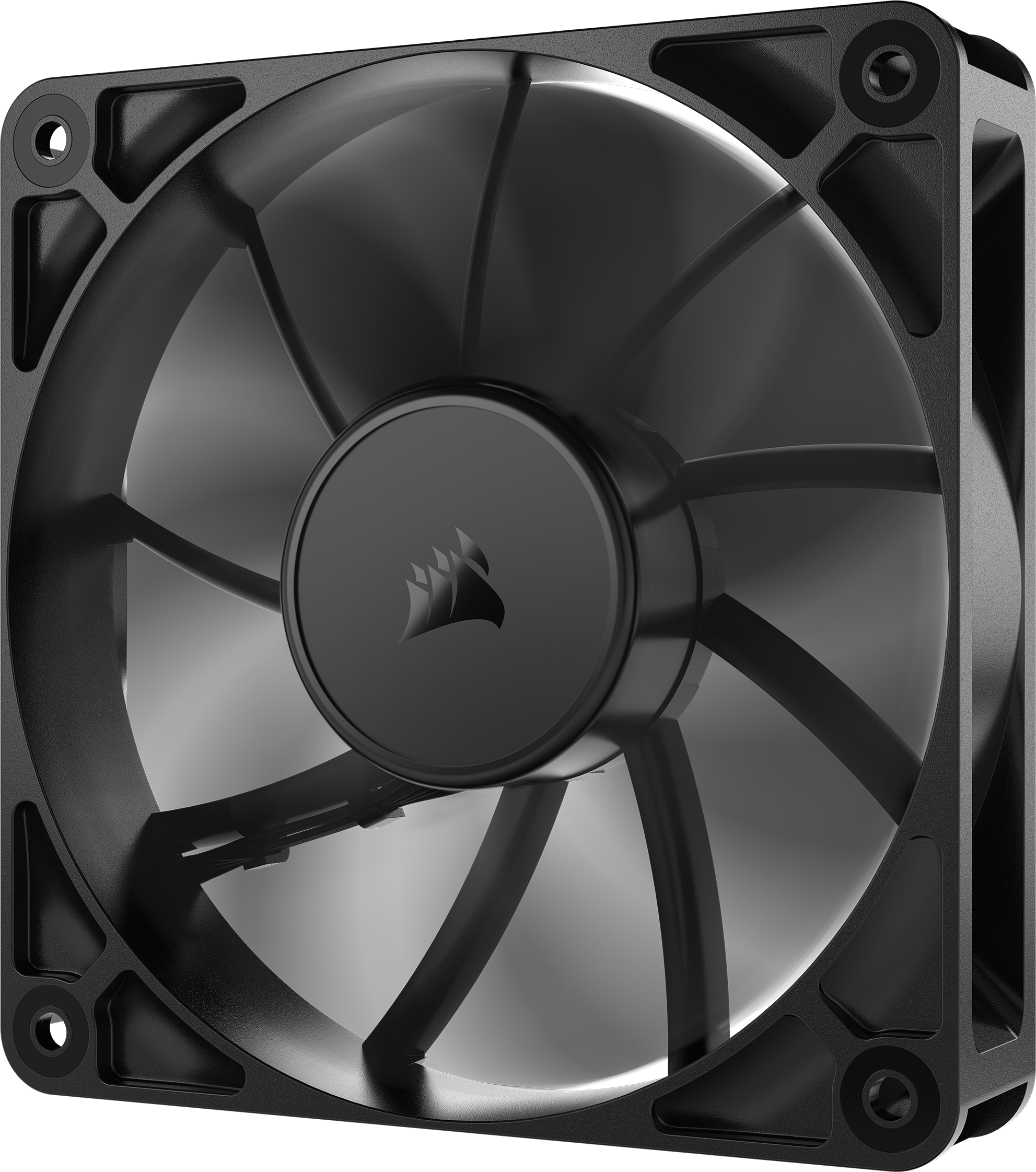 Schwarzer Computerlüfter mit Rotorblättern. Das Corsair-Logo in der Mitte.