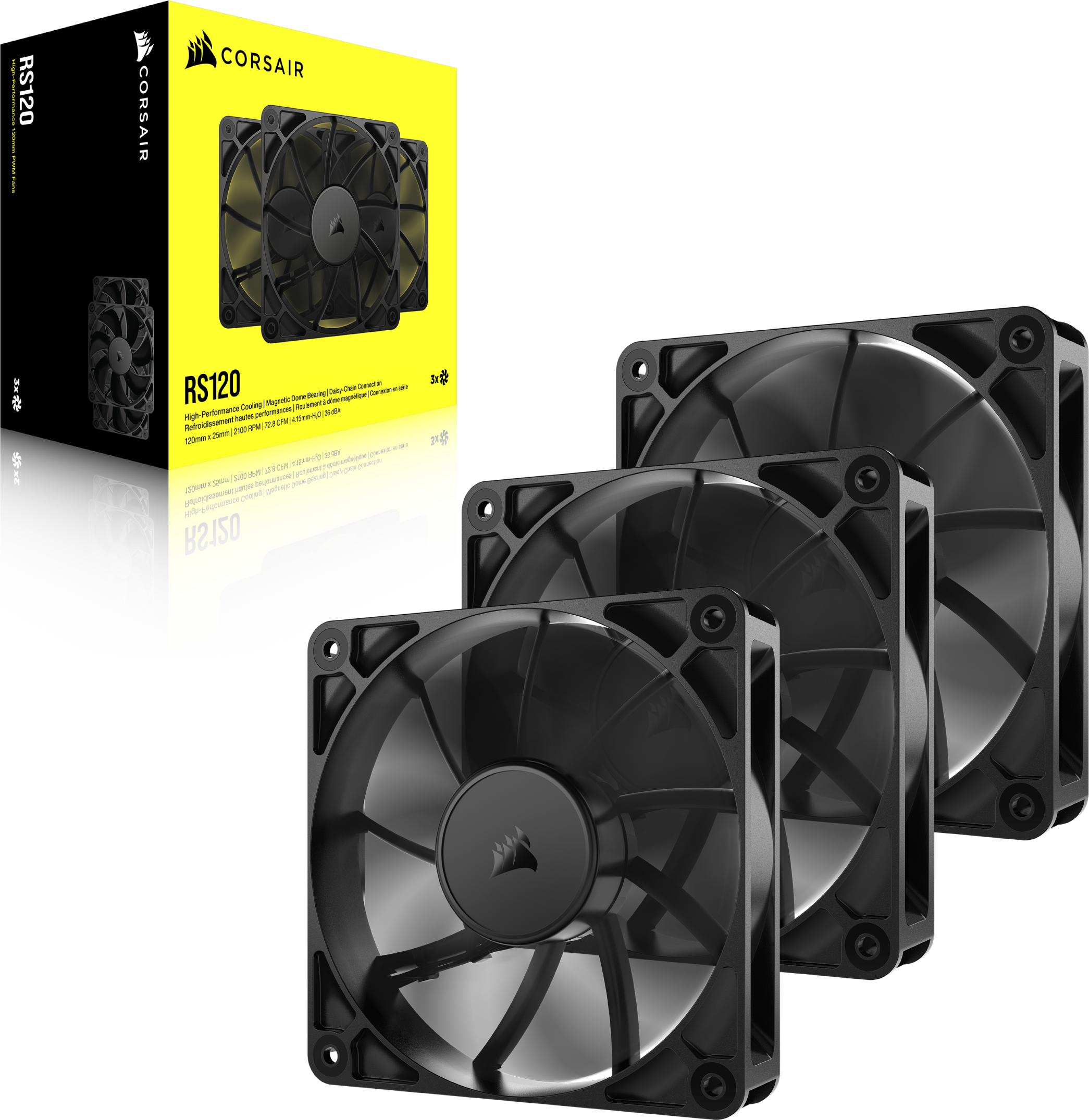 Schwarze Computerlüfter, drei vorne und zwei auf einer gelben Schachtel, CORSAIR RS120.
