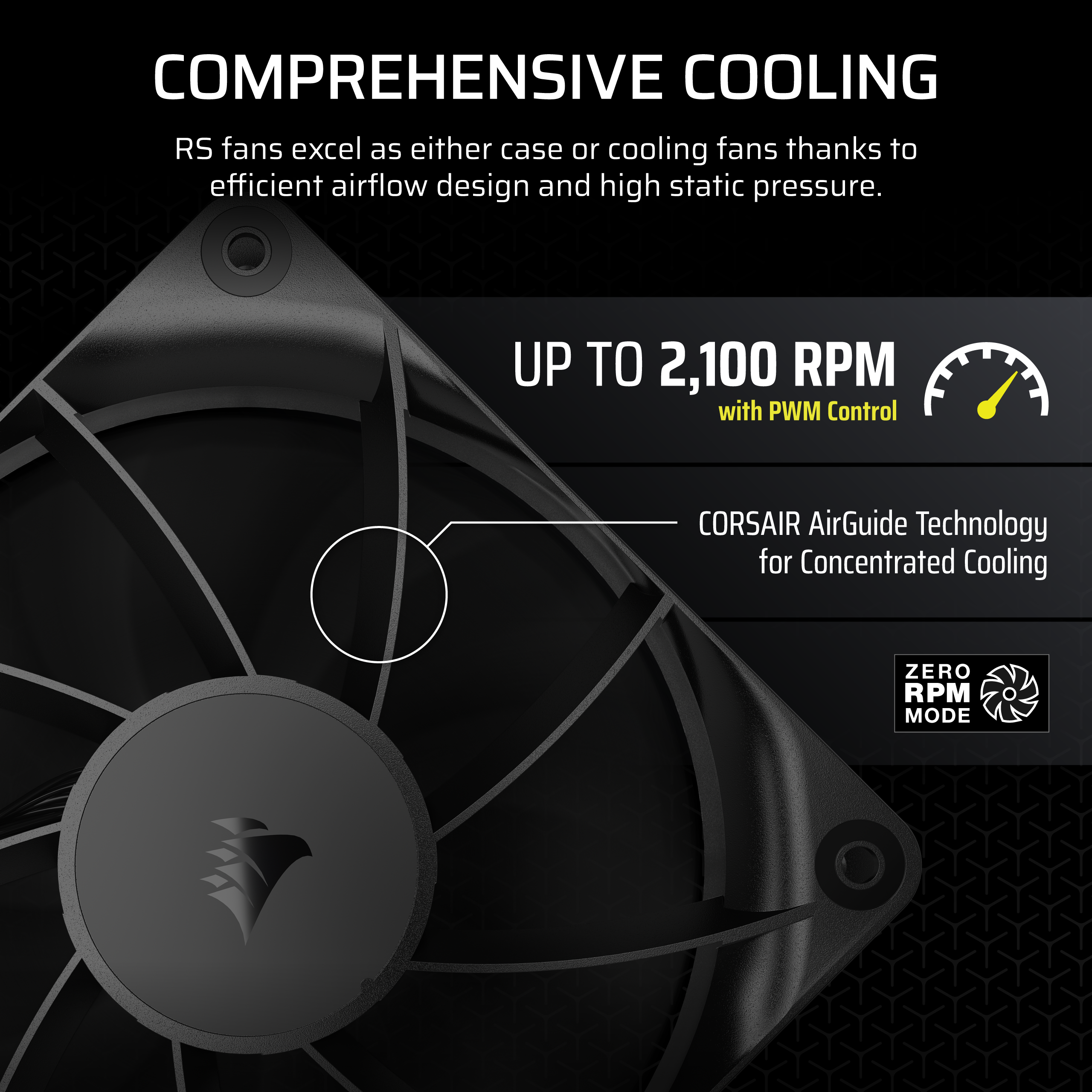 Schwarzer Lüfter mit Flügeln, Text: umfassende Kühlung. Bis zu 2.100 U/min. Corsair AirGuide-Technologie. Zero RPM Mode.