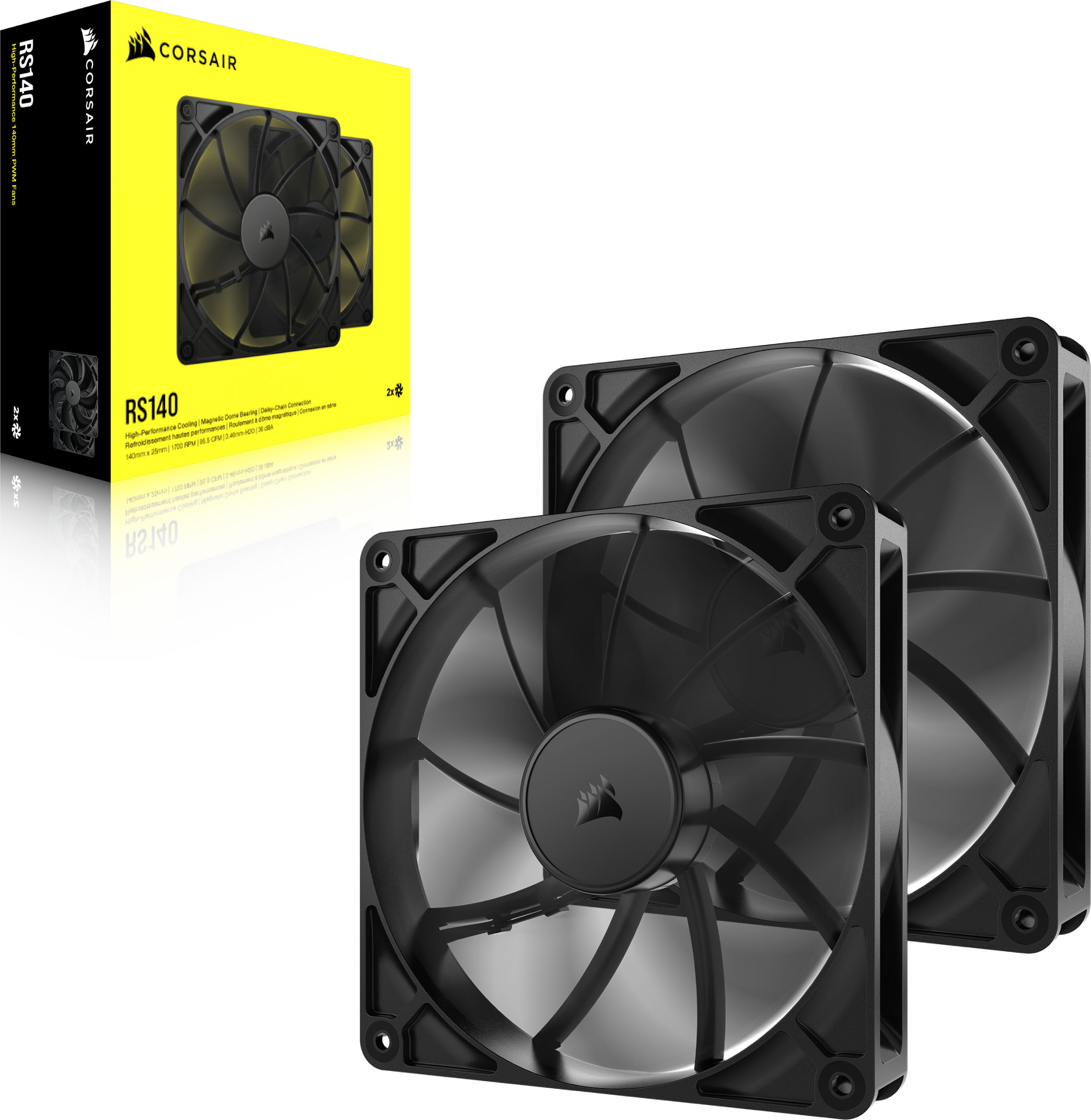 Zwei schwarze PC-Lüfter und eine Box mit gelbem Hintergrund, für die Computerkühlung.