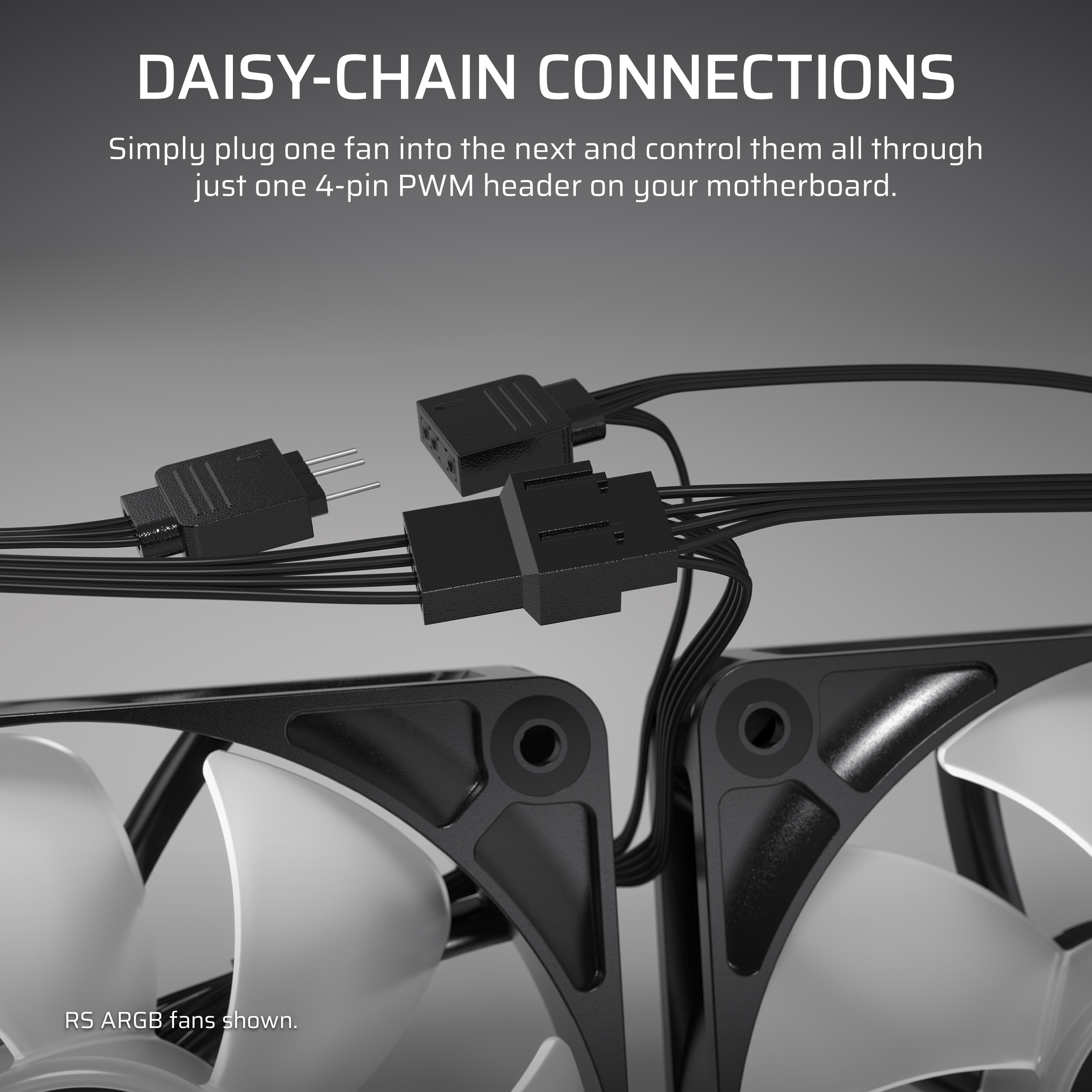Nahaufnahme von schwarzen Steckern und Kabeln, die Daisy-Chain-Verbindungen zeigen.