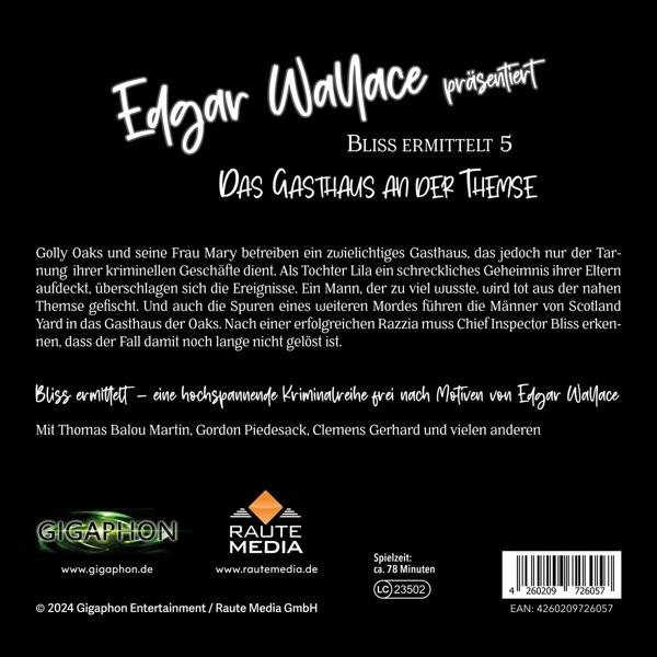 Buchcover: Edgar Wallace präsentiert 'Bliss ermittelt 5'. Text und Autorenname sind prominent. Schwarzer Hintergrund.