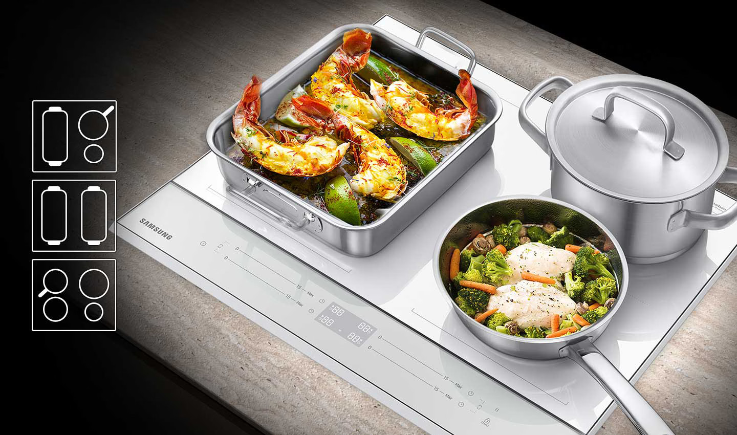 Ugotowane jedzenie w patelniach i piekarniku na białej płycie grzewczej.