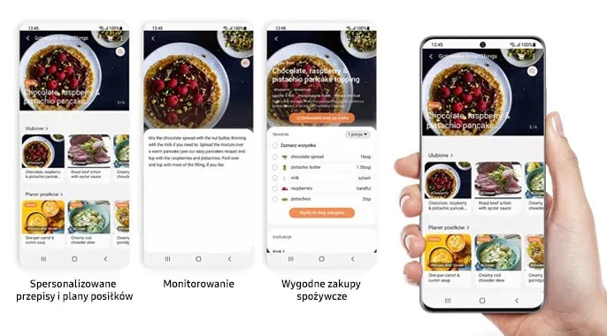 Ekrany smartfonów wyświetlające aplikację z przepisami z funkcjami planowania posiłków i zakupów.