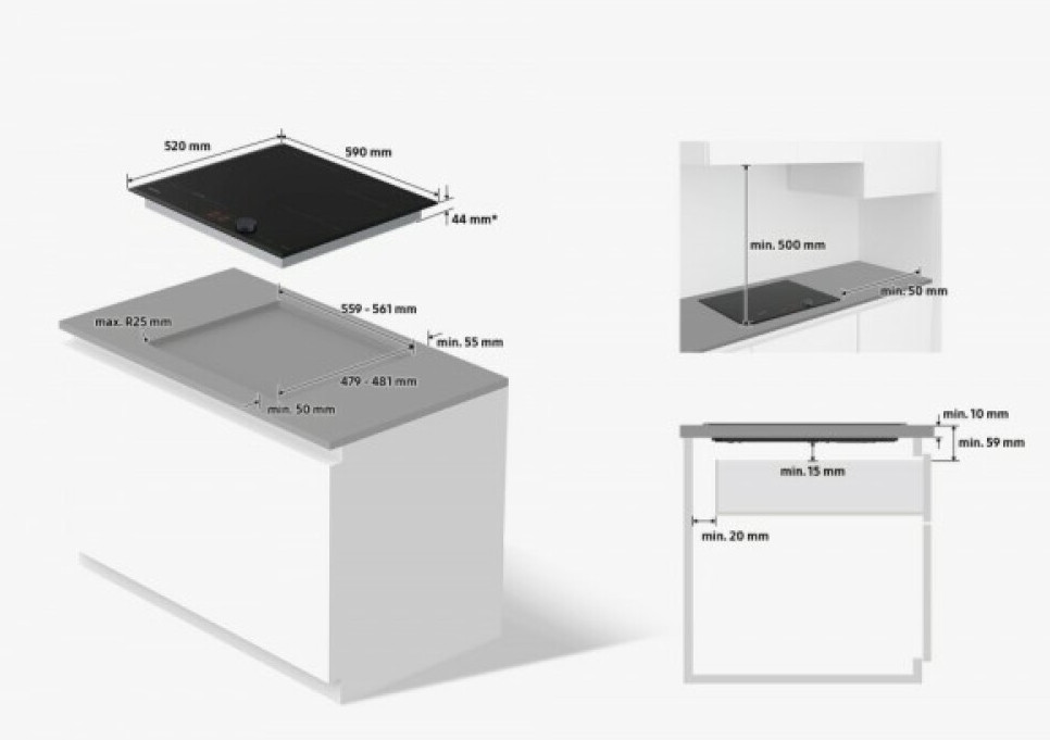 Schemat czarnej płyty indukcyjnej, z wymiarami i szczegółami instalacji.